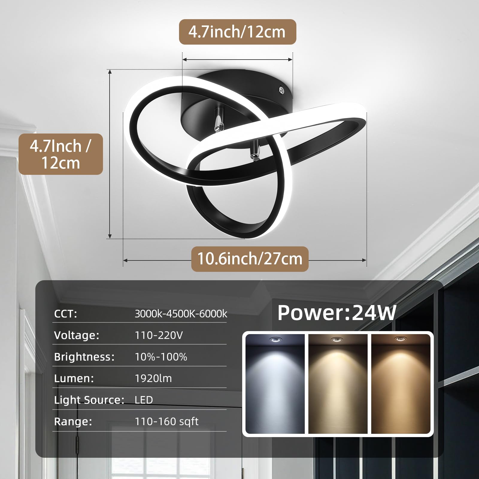 Caneoe Black Hallway Ceiling Light Fixtures 24W Dimmable Led Ceiling Light With Remote Control Modern Flush Mount Ceiling Lights