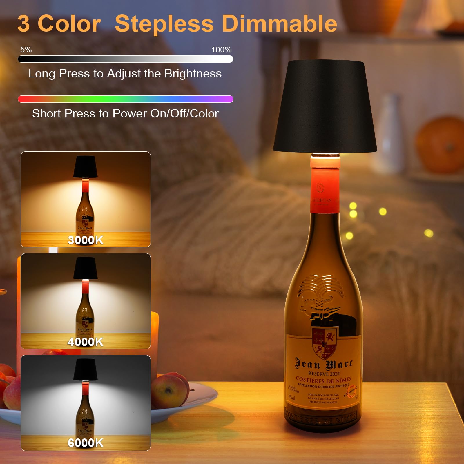 Dusktec Wireless Wine Bottle Lampshade, 8 Rgb Light Modes, Light Temperature 3000-6500K, Rechargeable Touch Wine Bottle Lamp, Po