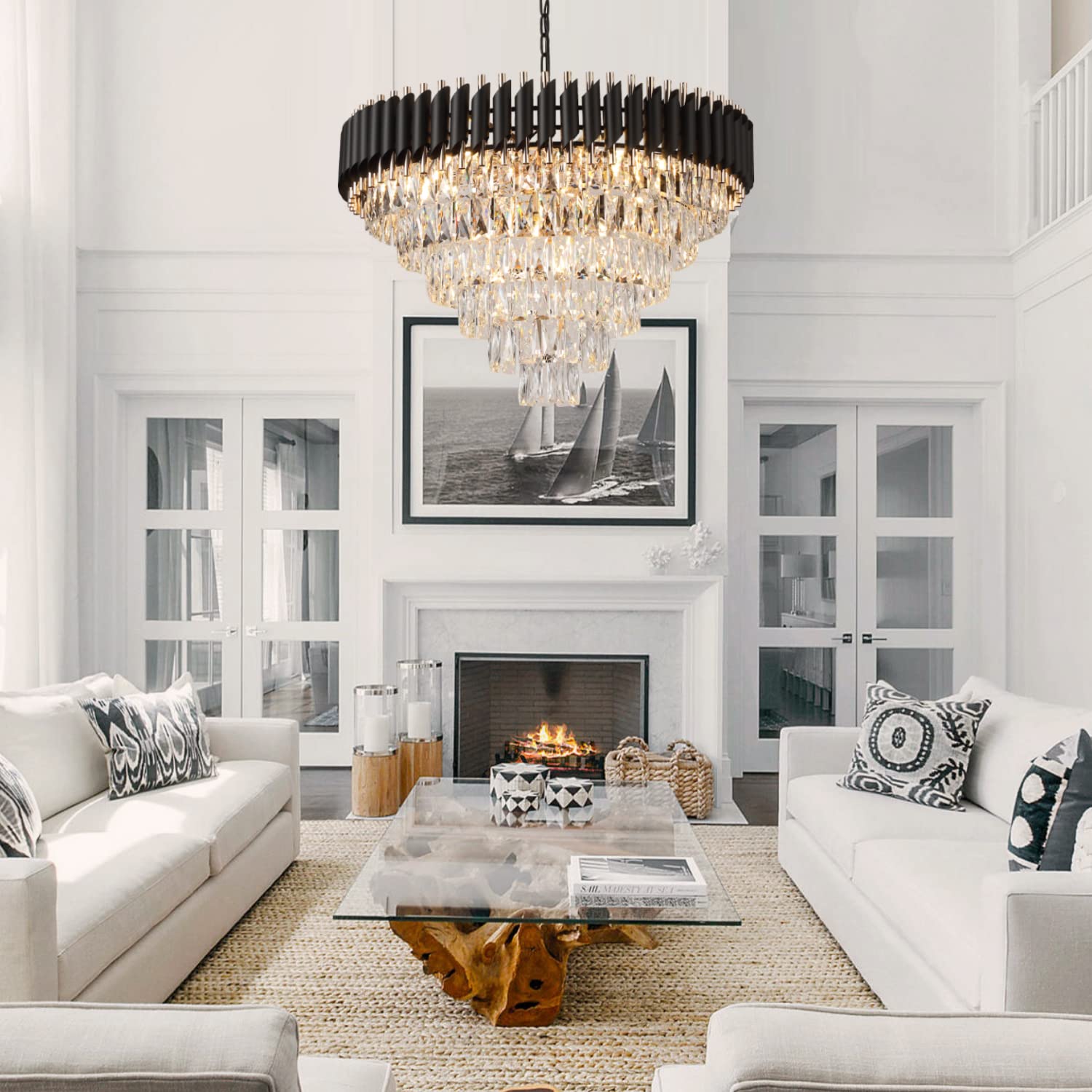 AXILIXI Modern 30” Black & Gold Crystal Chandelier, 6-Tier K9 Pendant Light for Dining Room, Entryway, Foyer, Model DH8801B-750