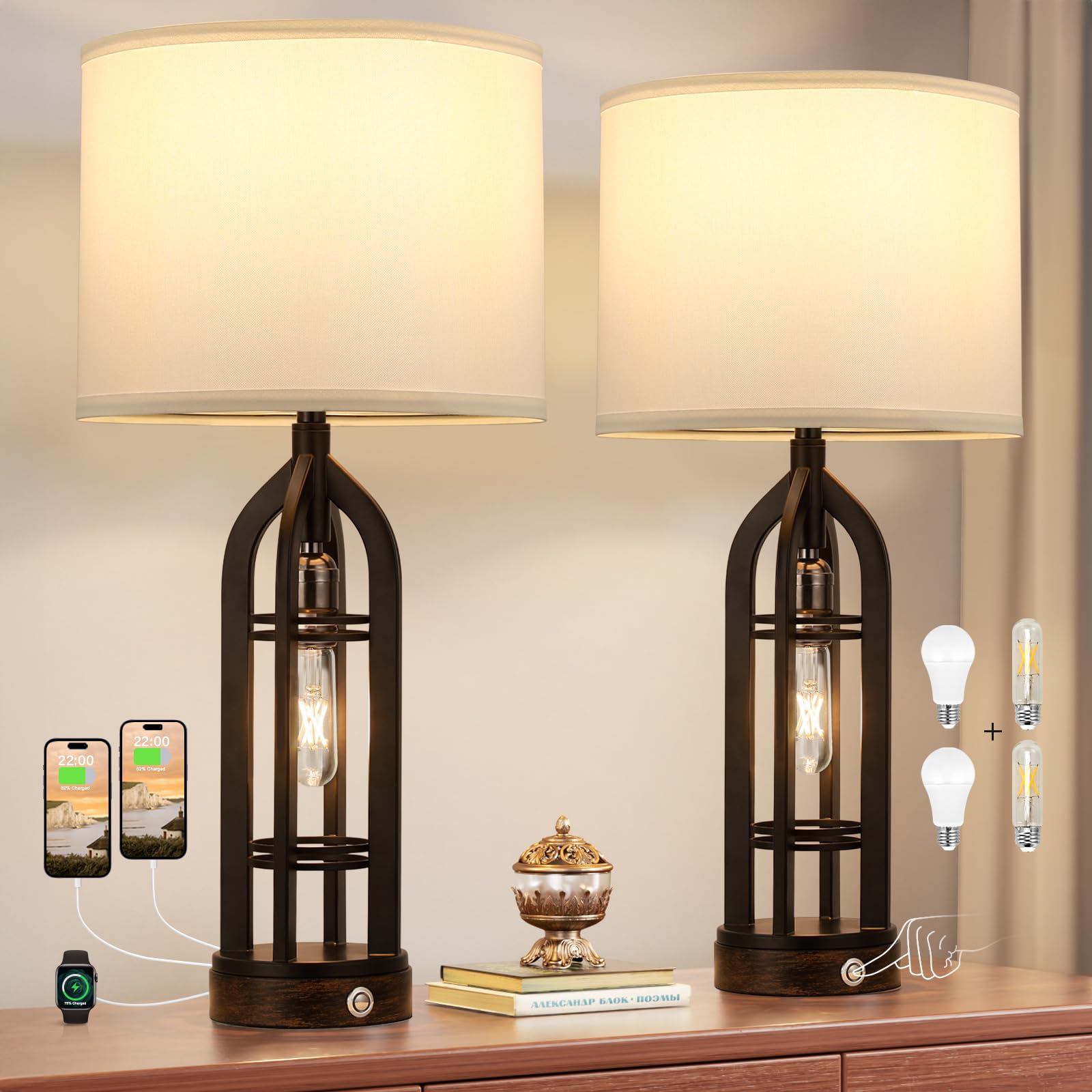 Seealle Table Lamp Set of 2 - 3-Way Dimmable Touch Lamps with USB C+A & Outlet, White Shade & Black Body, Model 09162