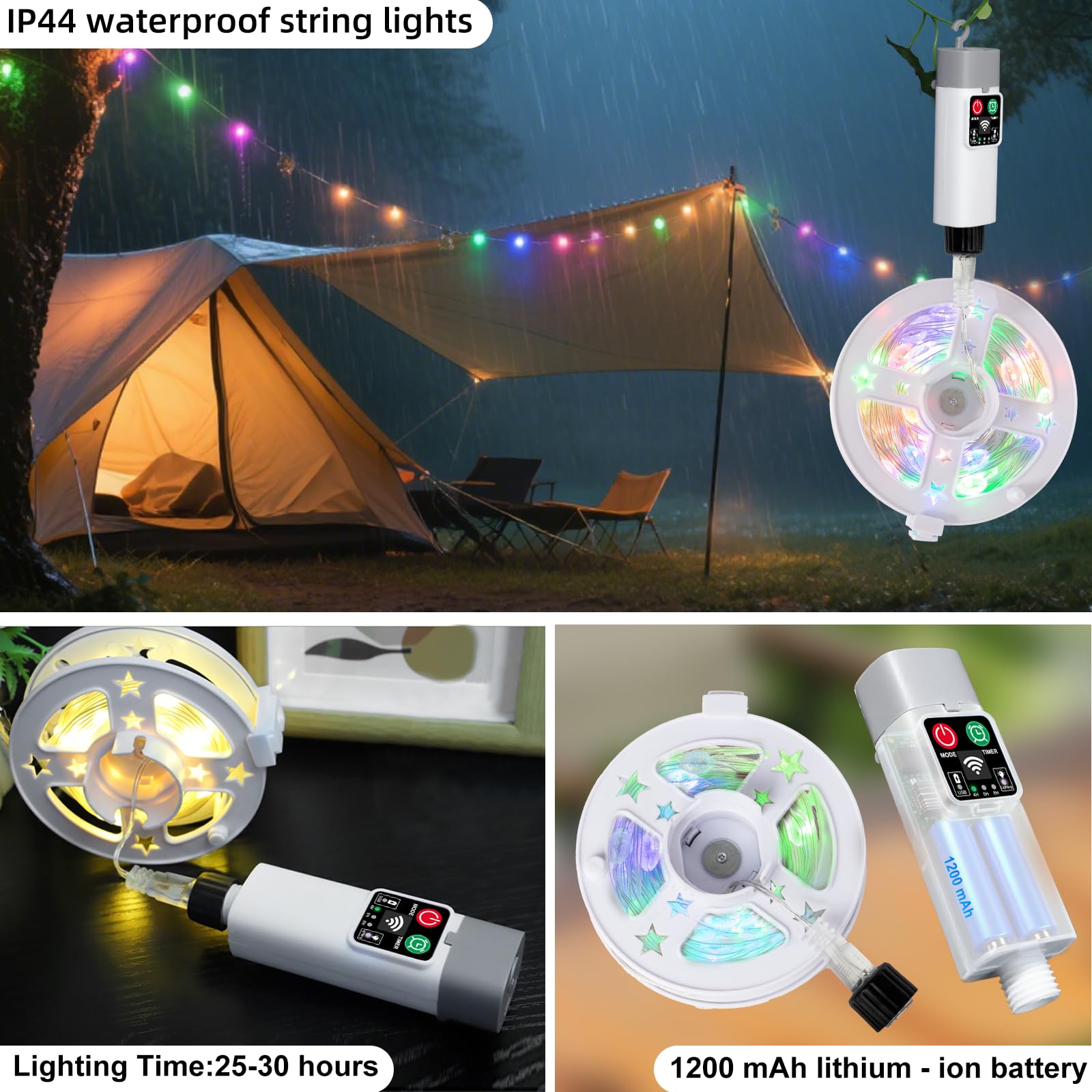 Moobibear Camping String Lights, 33FT 100LED RGB, Waterproof LED Lamp, Rechargeable Tent Lights, Model B-SL003-50L-WN, 10M Rugby