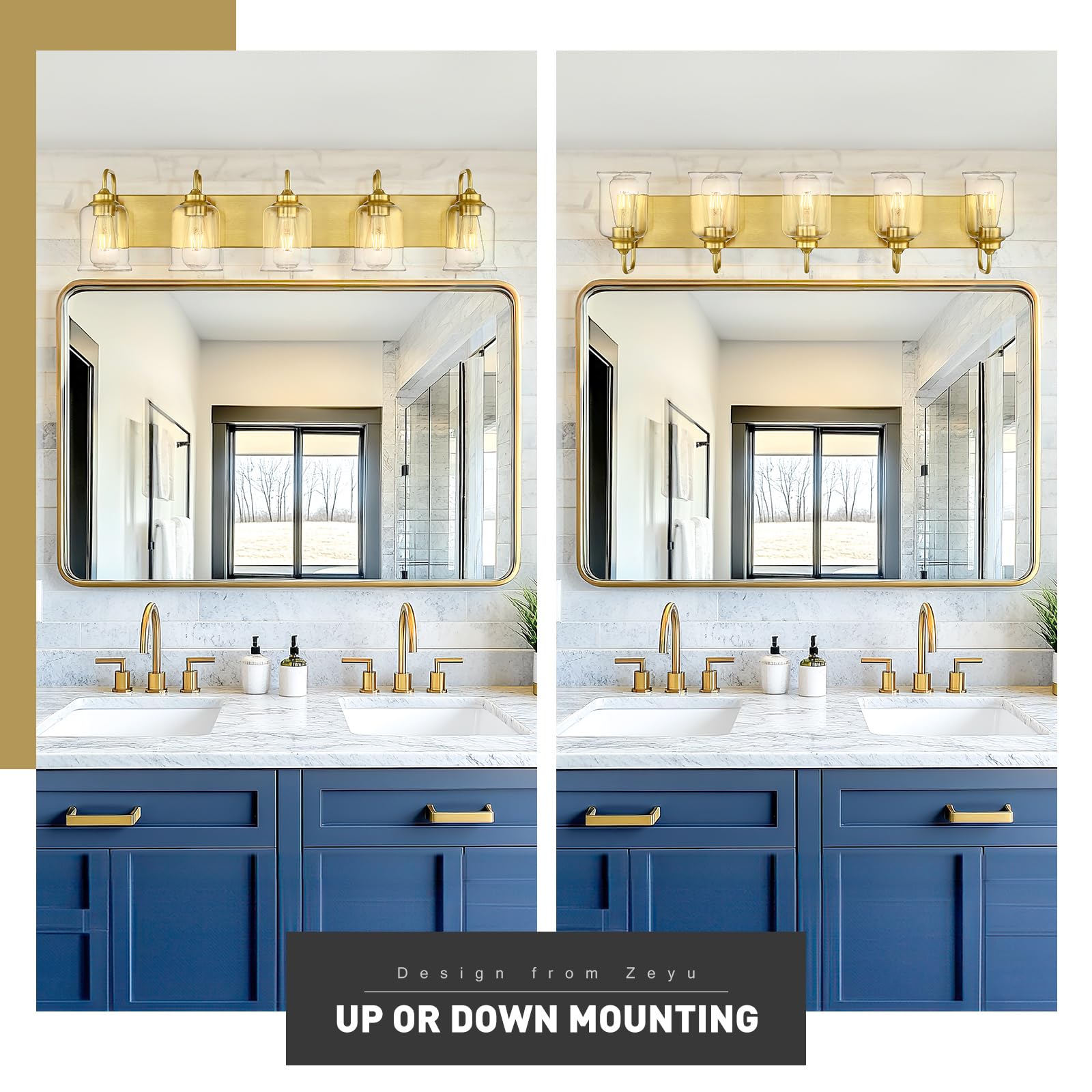 Zeyu 36 Inch Bathroom Lighting Fixtures Over Mirror, Vintage Bathroom Light Fixtures, 5-Light Bathroom Light With Clear Glass Sh