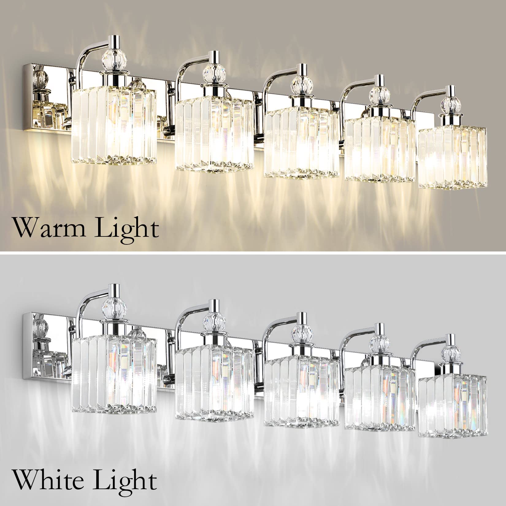 Ralbay Modern Crystal Bathroom Vanity Light 5 Light 40in Chrome Stainless Steel Model 8606