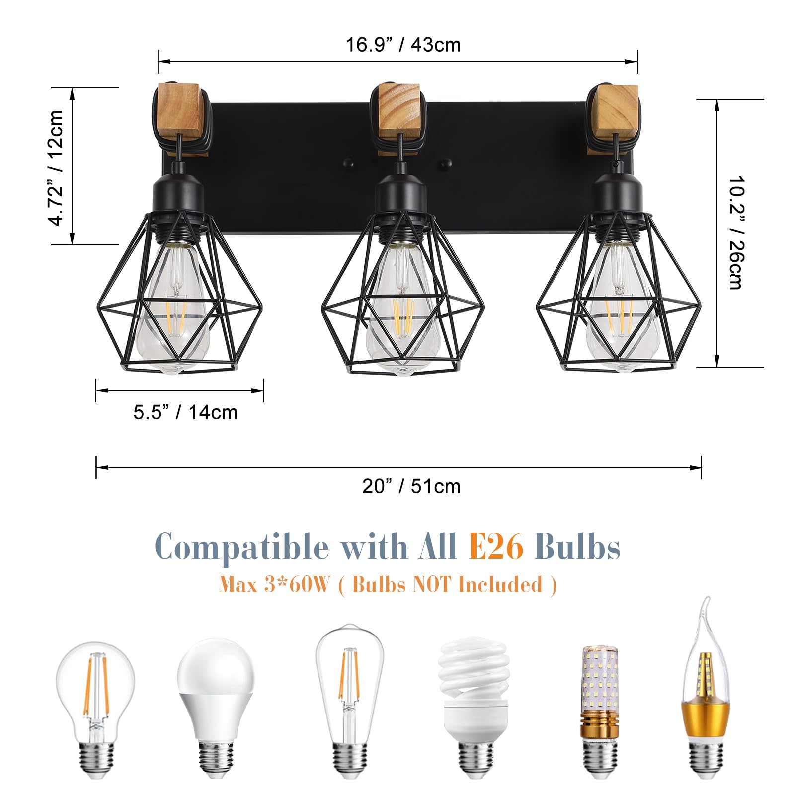 VbiTmn Farmhouse Vanity Light 3-Light Metal Black Wall Sconces for Bathroom, Living Room, Bedroom, Hallway VB021