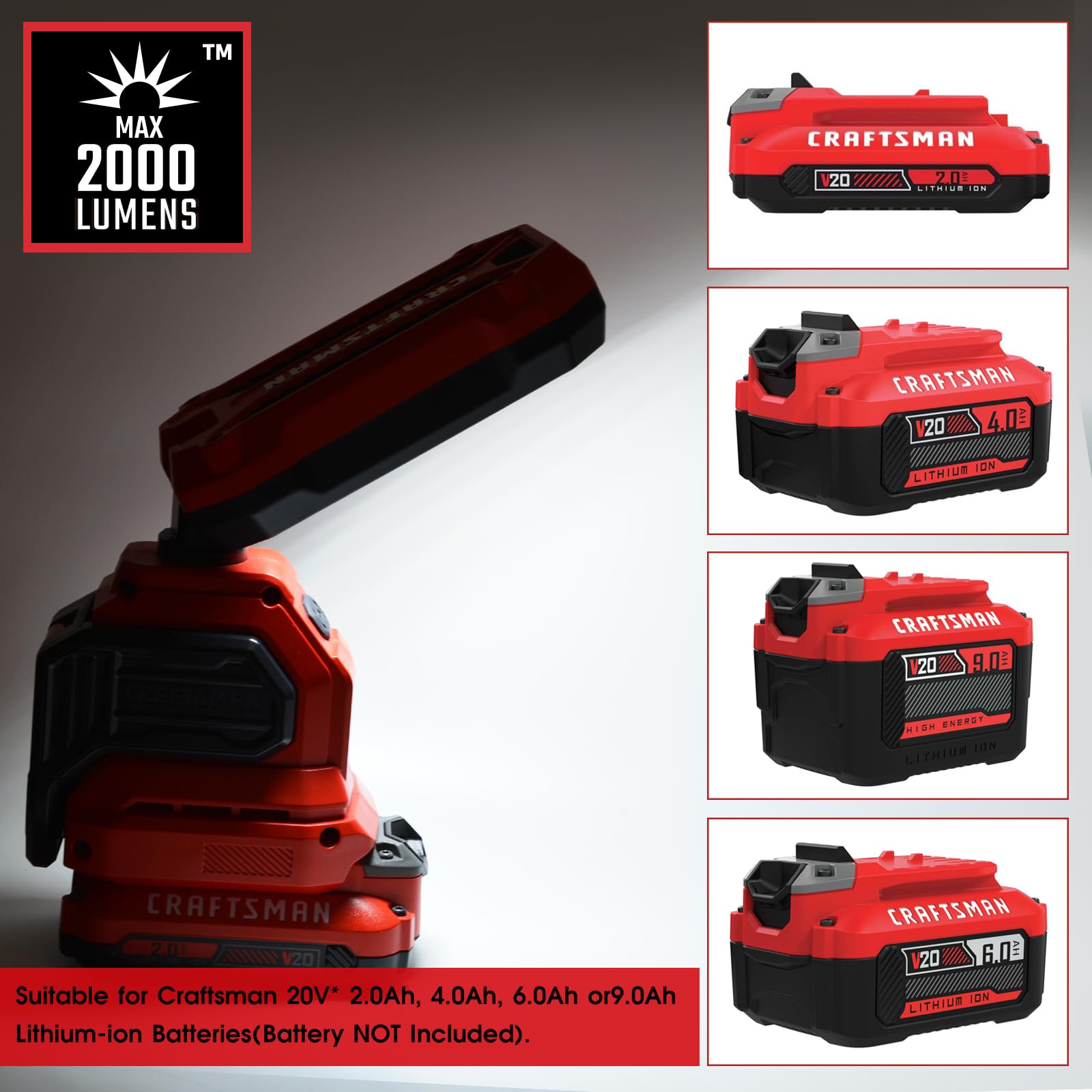 Craftsman V20 6500K Led Rechargeable Work Light, 2000Lm &1000Lm 2 Brightness Settings, Hook And Clamp For Multiple Mounting Opti