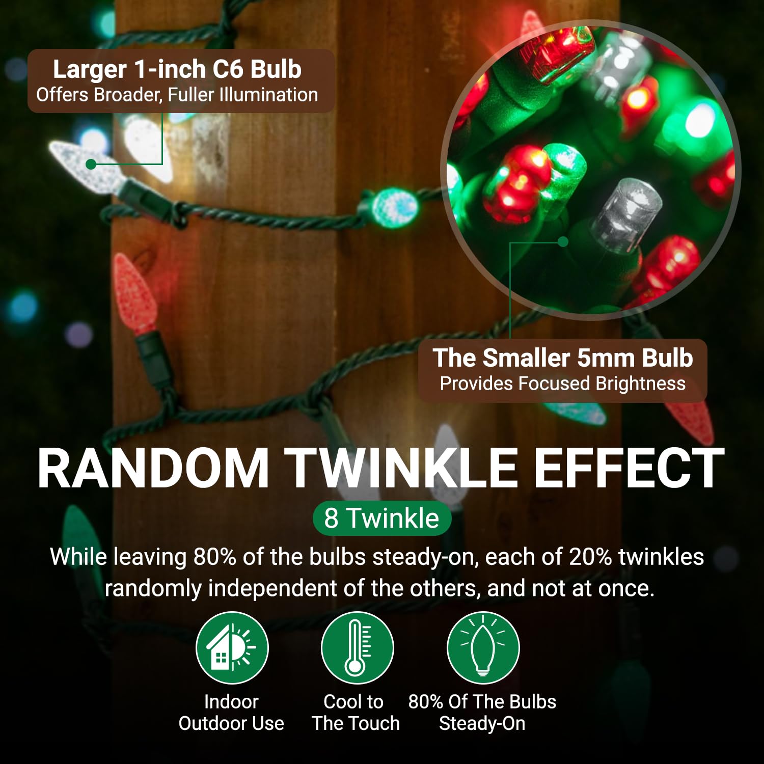Tupkee Christmas LED Twinkling Lights, 50 Bulbs, 24.5 Feet, Indoor/Outdoor, Red/Green/White, Professional Grade