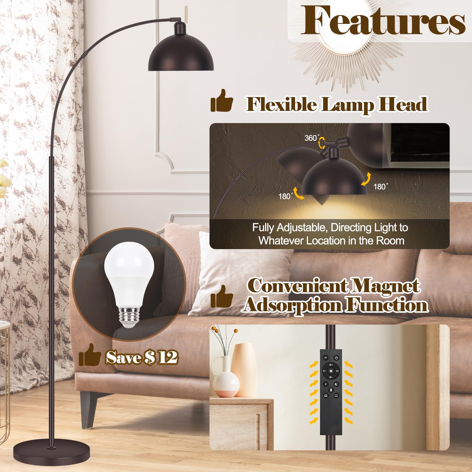 Bronze Arch Floor Lamps For Living Room Dimmable - Upgraded 9W Led Arc Lamp With 4 Color Temperatures, Remote Control Rustic Arc