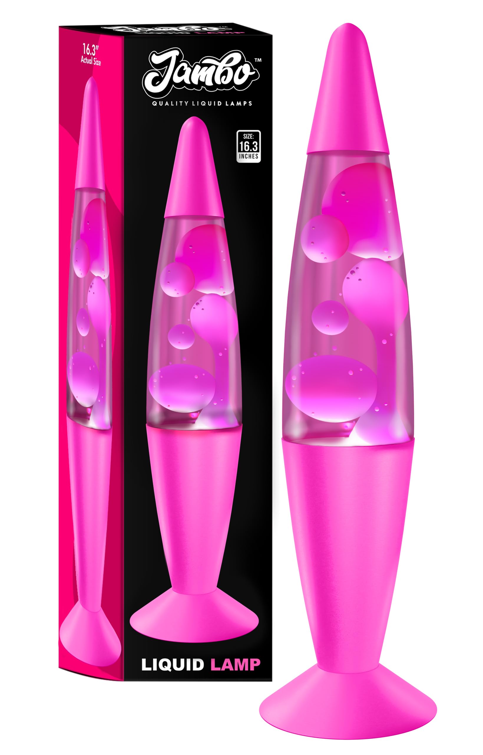 Jambo Liquid Lamp, 16-Inch, Glass, Pink Base, Pink Liquid, White Wax, Model KL-17, Night Light for Relaxation and Entertainment