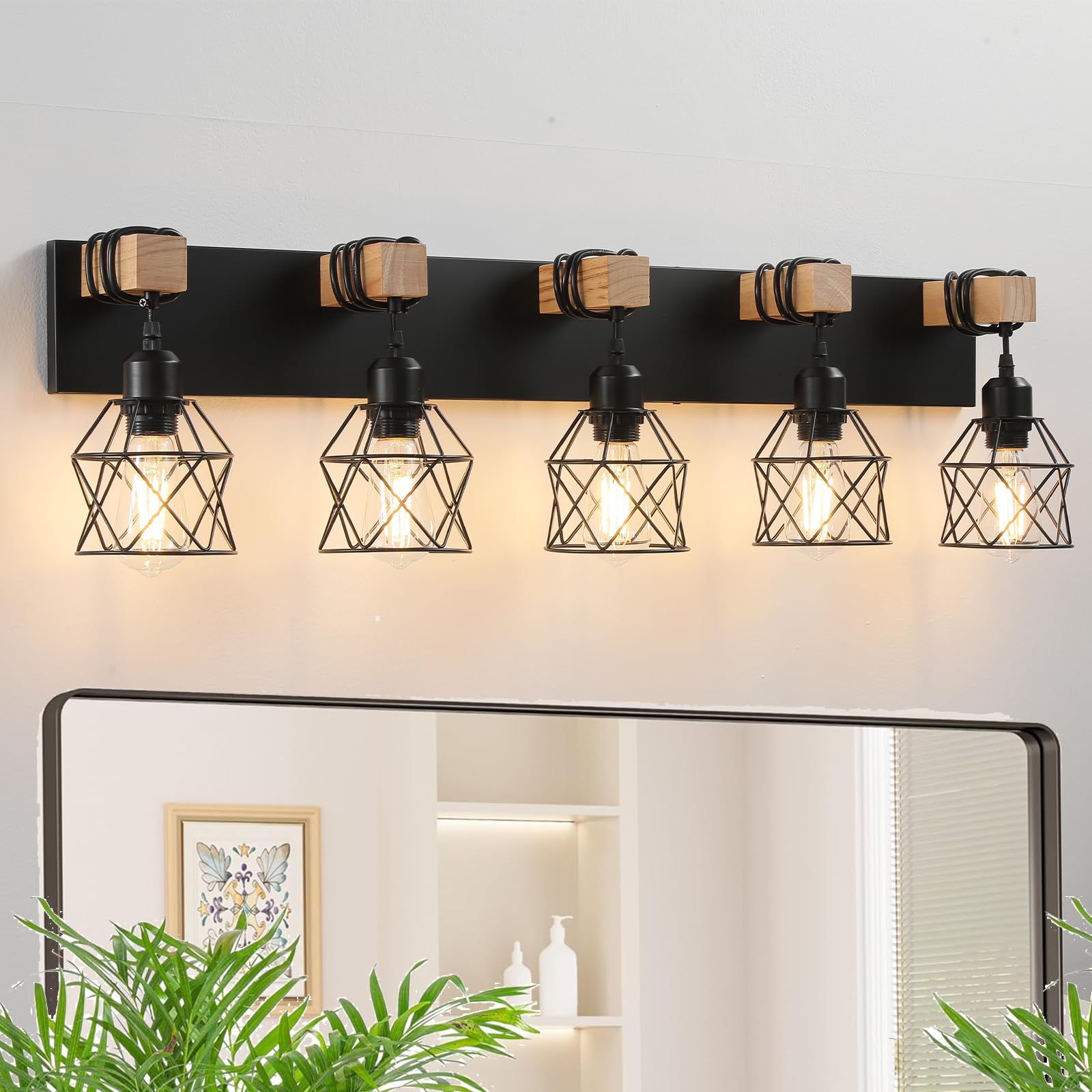 Farmhouse Vanity Light Fixture 5-Light Bathroom Lighting Black Industrial Wood Wall Light Over Mirror With Metal Shade Led Bulbs Not Included