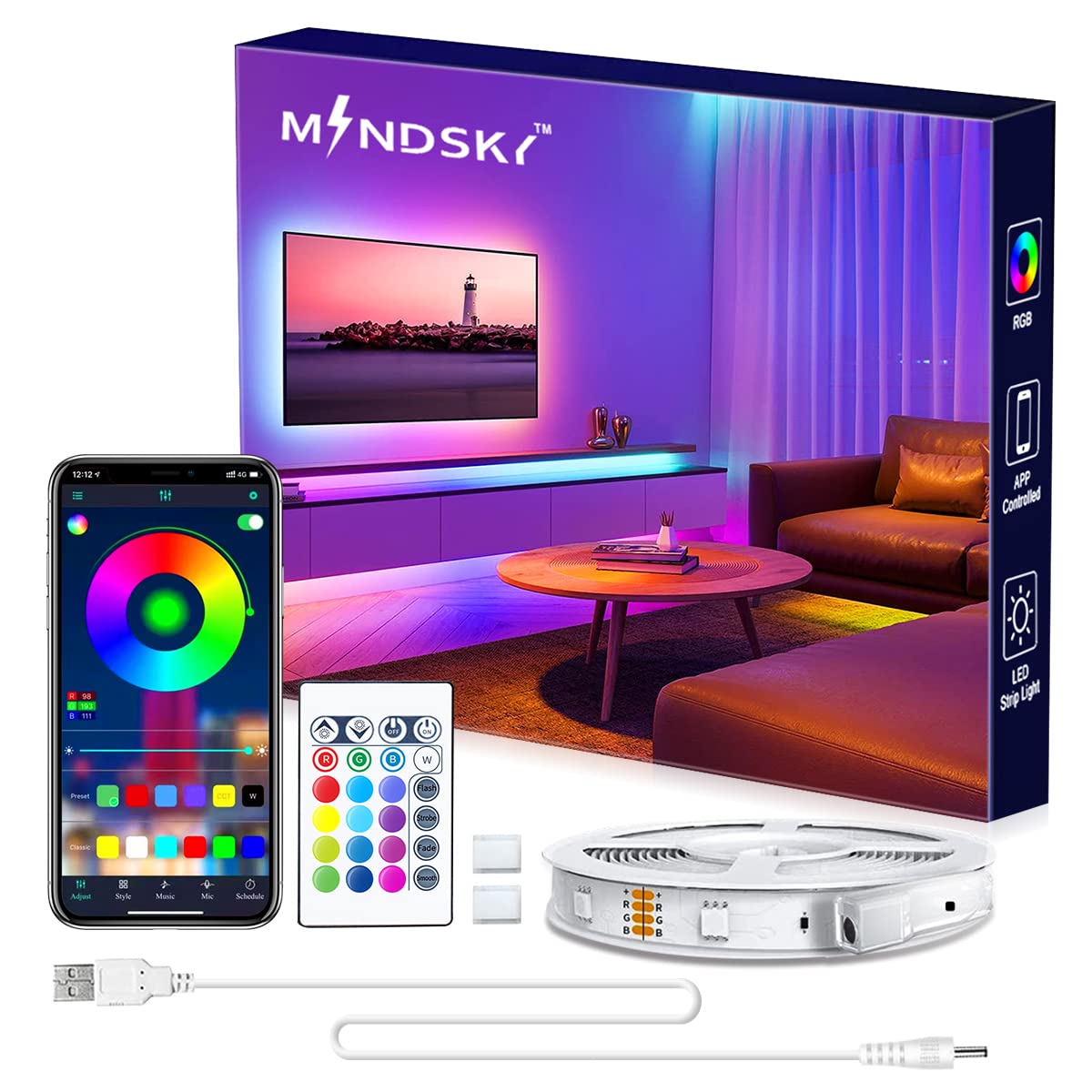 Mindsky LED Strip Lights for Bedroom, 20ft TV Light Strip Quickly Install Simple APP Controlled USB Powered Power Bank Laptop LE