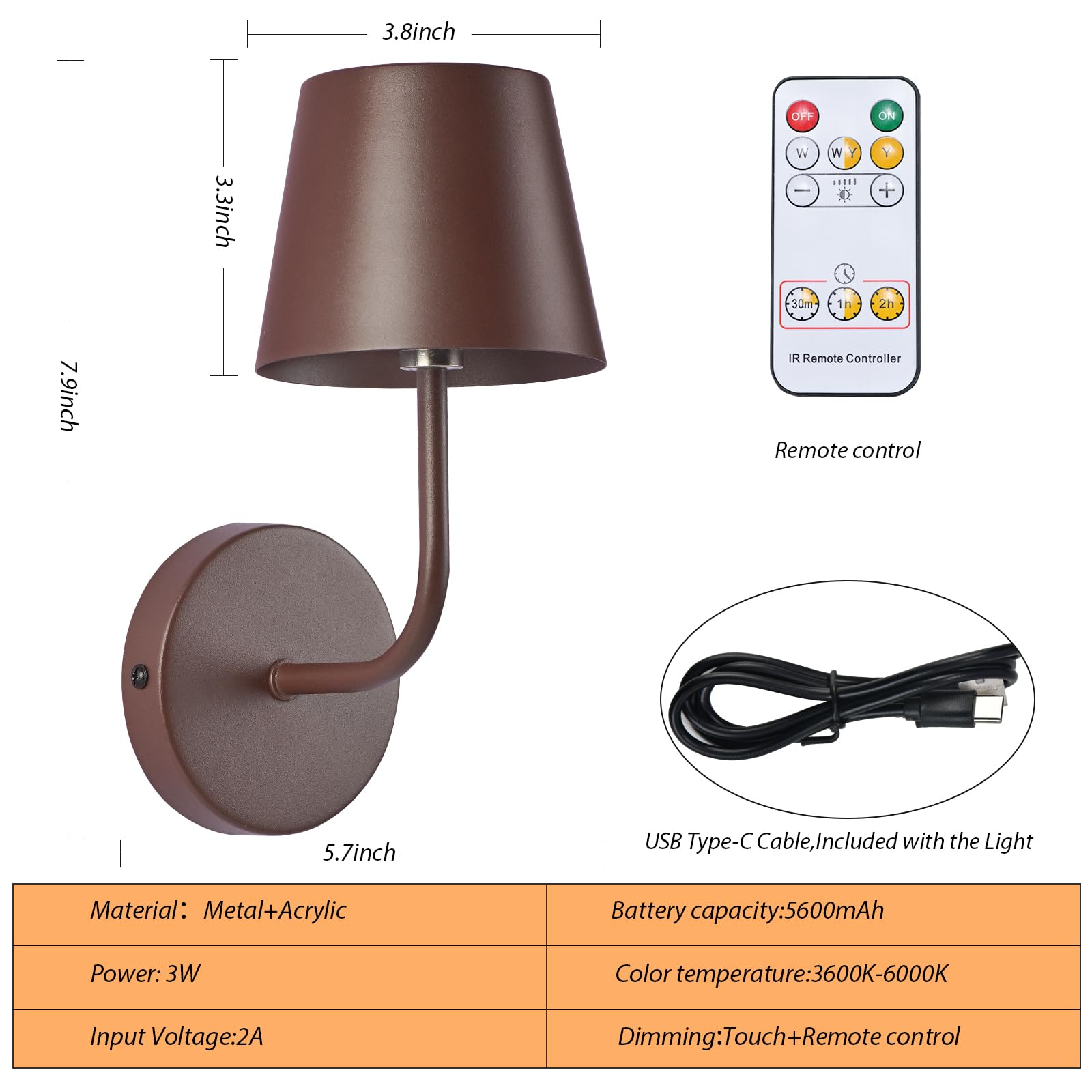 IMQSQIK LED Wall Lamp Set of 2, Rechargeable 5600mAh, Touch Control, Brown, Model RQ-14-2Pack