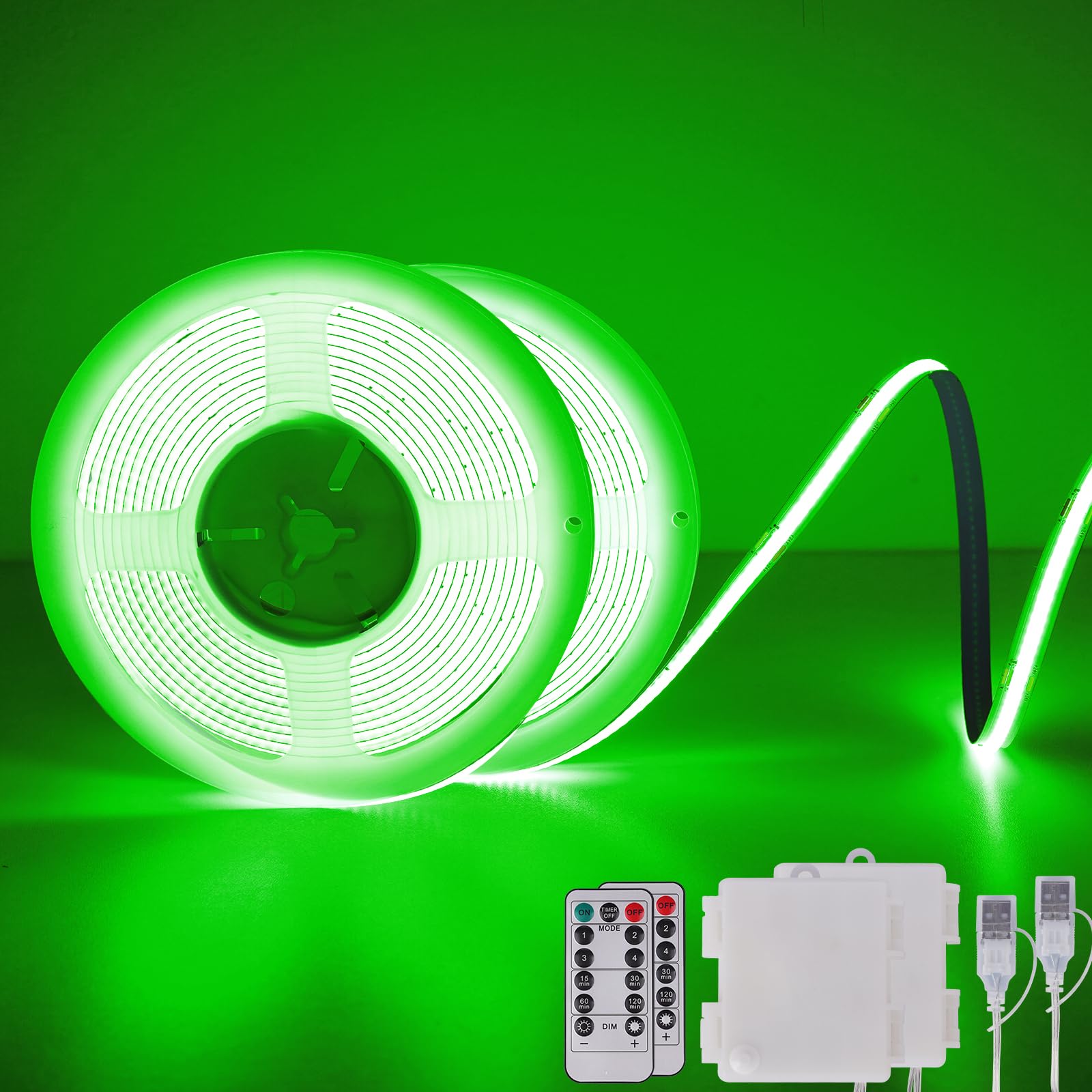 Green COB LED Band Lights Battery Powered with Remote  6.56FT 640LED Light Band Dimmable Cuttable Flexible Wireless LED Tape Light for Cabinet  Boat  Car  Computer  TV  Holidays Party (2 Pack)