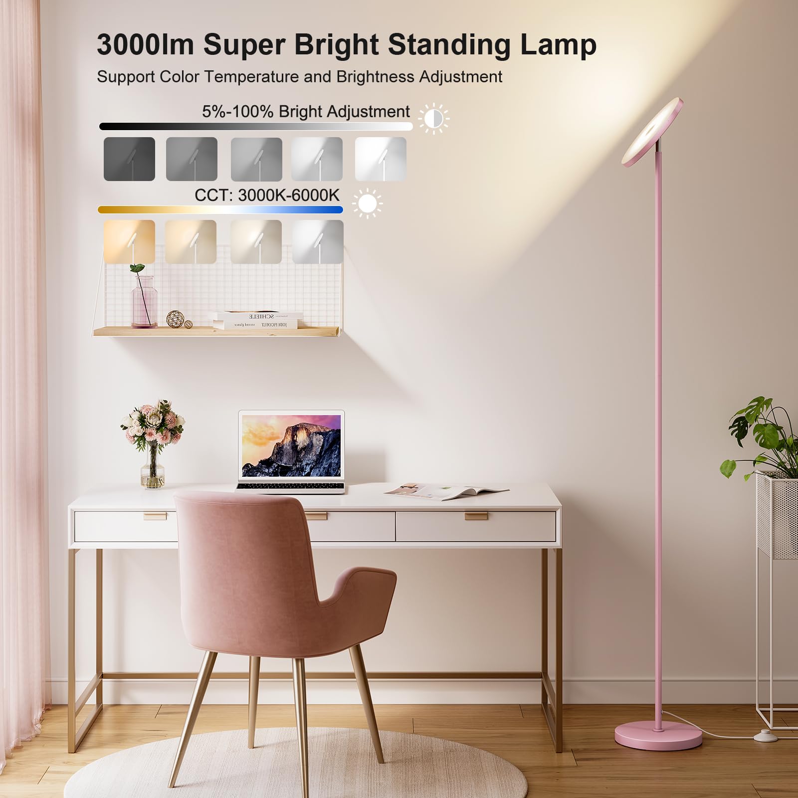 Sunmory Soft Pink Torchiere Floor Lamp For Bedroom And Office - Elegant Standing Lamp With Modern Design, Perfect For Ambient Li