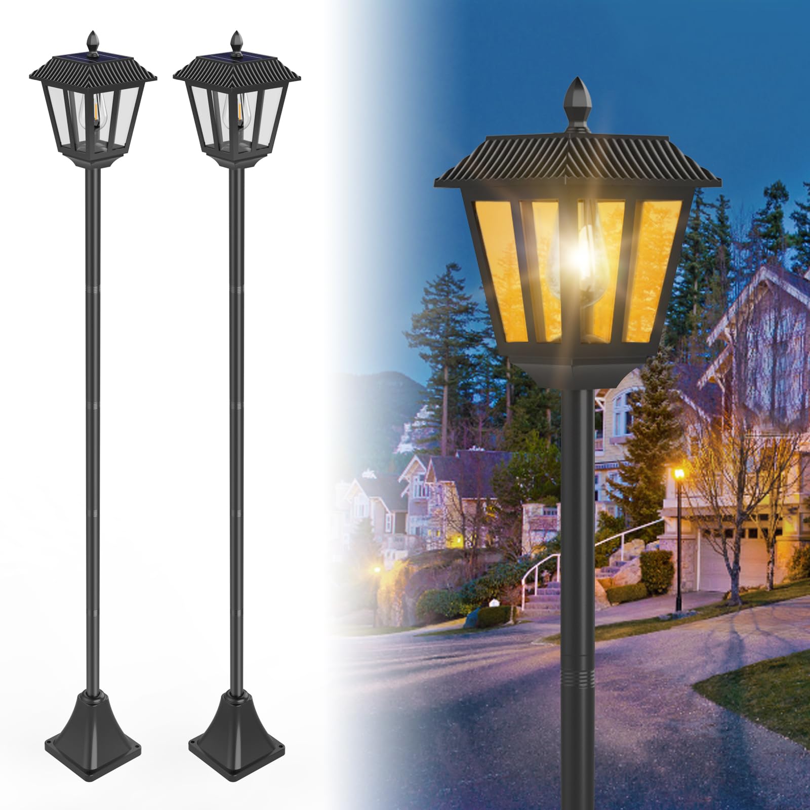 A.bigwhale 2 Pack 67'' Solar Lamp Post Lights, 3000K Outdoor Solar Post Light Waterproof, Pole Light Outdoor Decorative Floor La