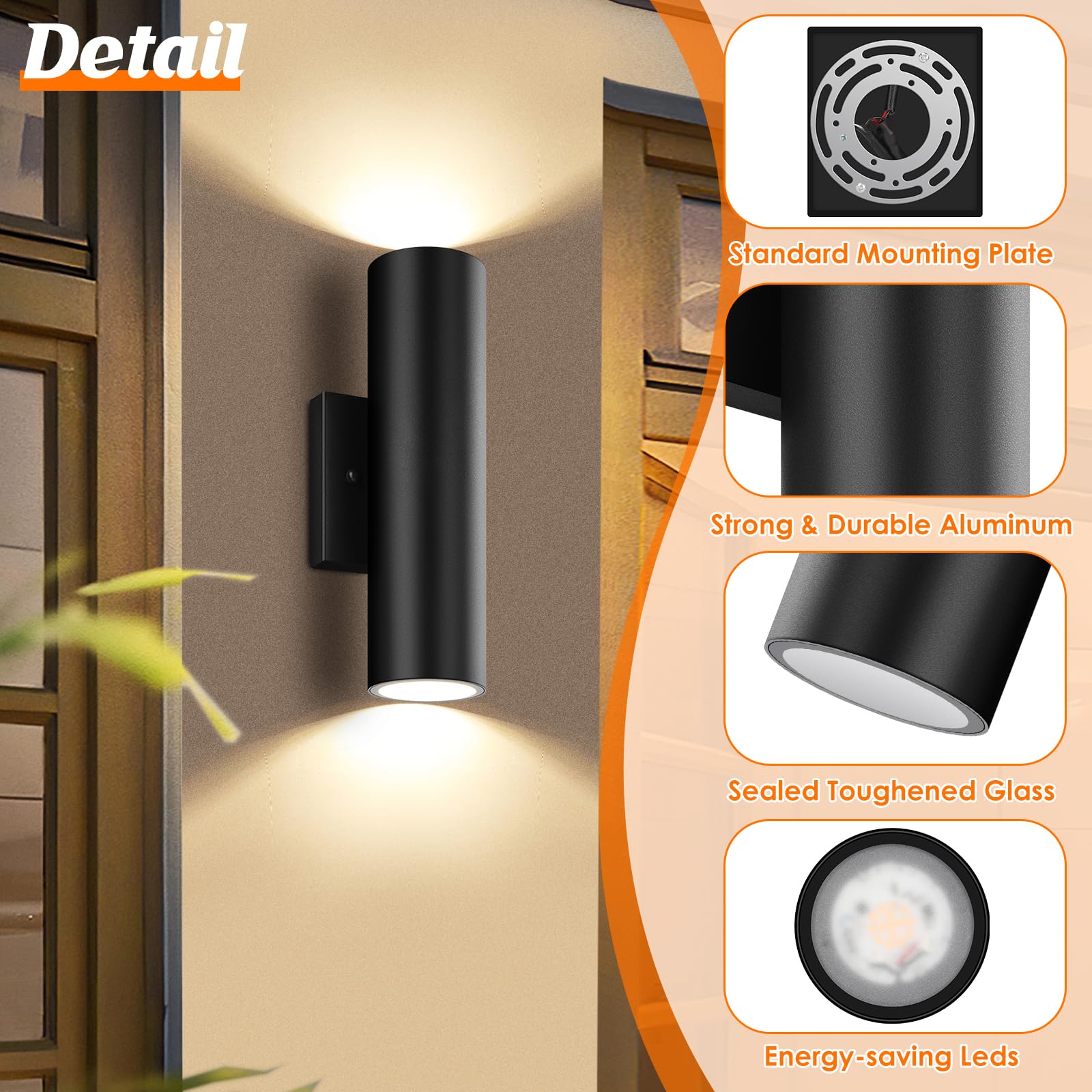 Gobright Outdoor Wall Lights 12W 3000K Led Cylinder Sconce, 1200Lm Waterproof, 2-Pack Black