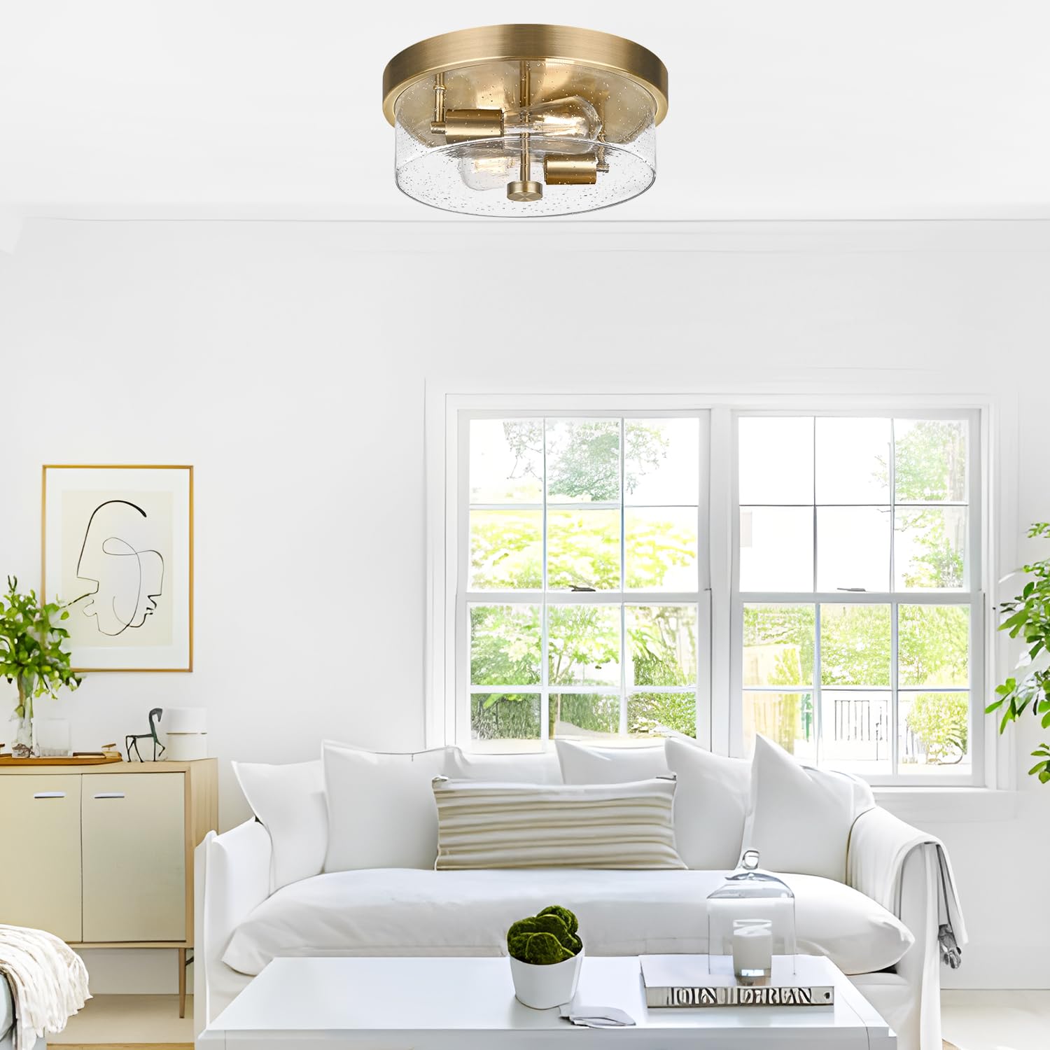 Flush Mount Ceiling Light Fixtures, 2-Light Brass Ceiling Mount For Farmhouse With Seeded Glass Lampshade, Industrial Hall Flush