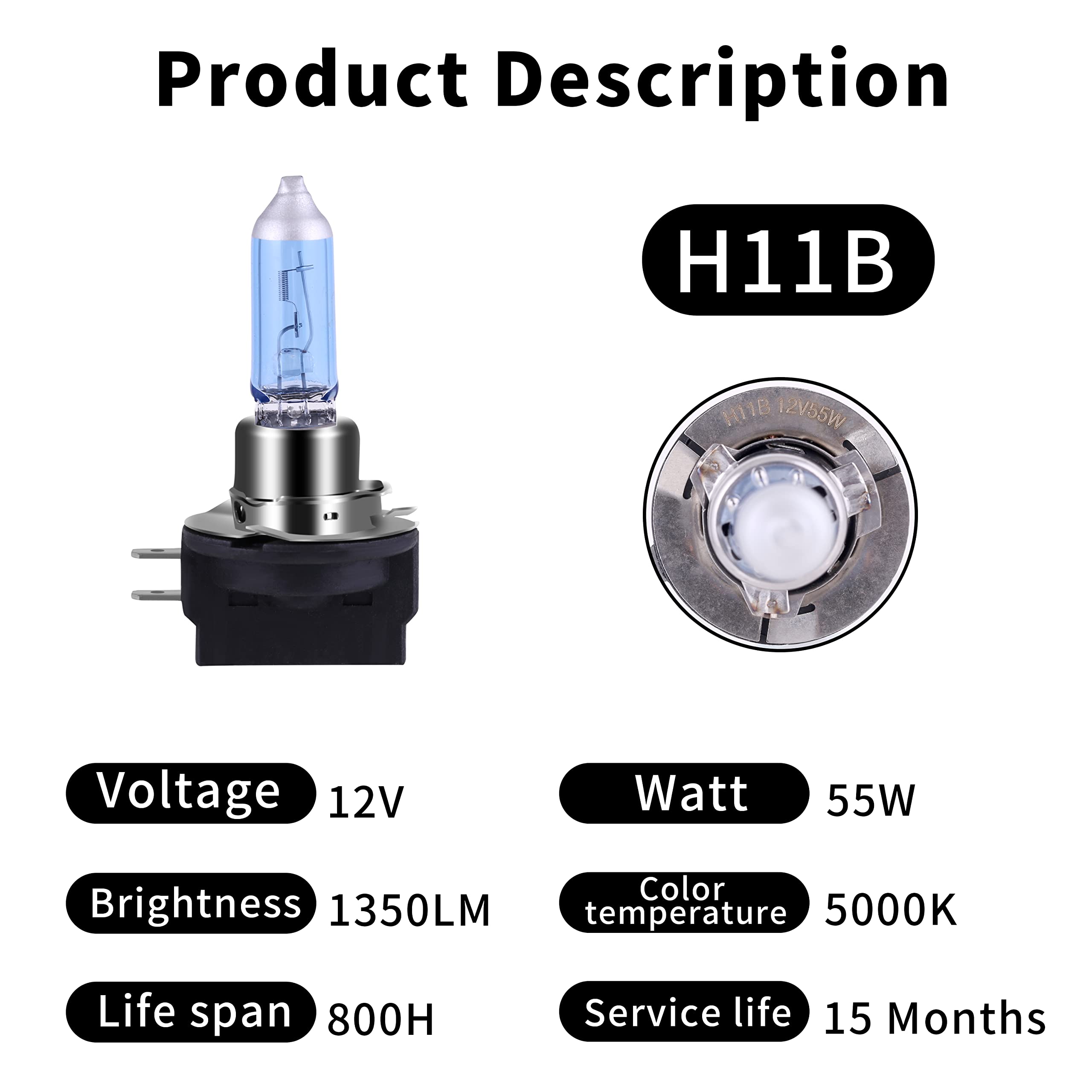 Newbrown H11B Halogen Headlight Bulb With Super White Light Long Life Replacement Pgjy19-2 12V/55W (2 Pack)