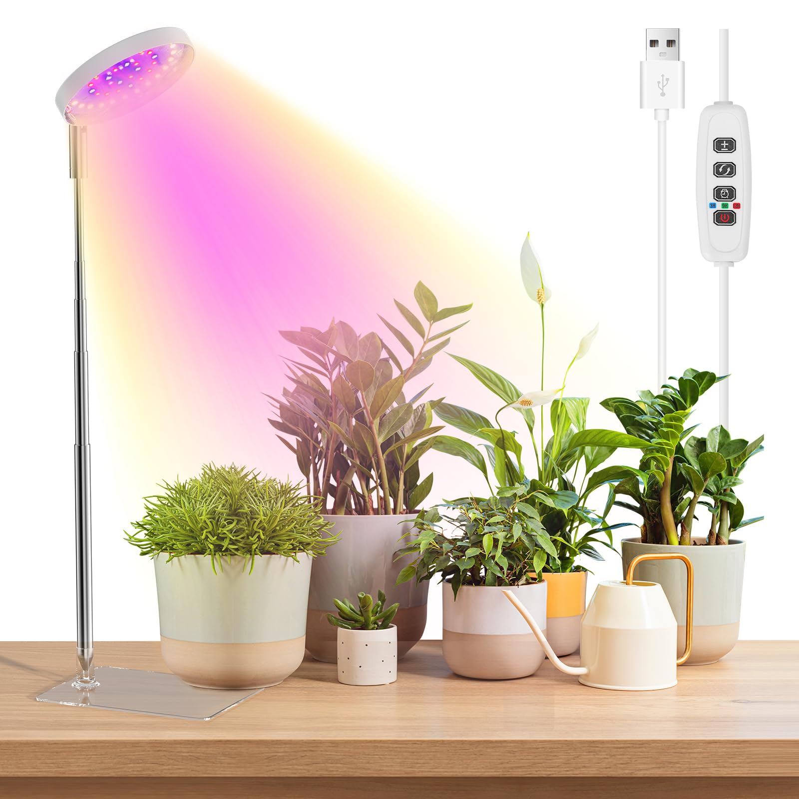 YUYMIKA Grow Lights for Indoor Plants, Full Spectrum, 48 LEDs, 3 Spectrums, 10 Brightness Levels, Adjustable 7in-26in, White, Model UK-208