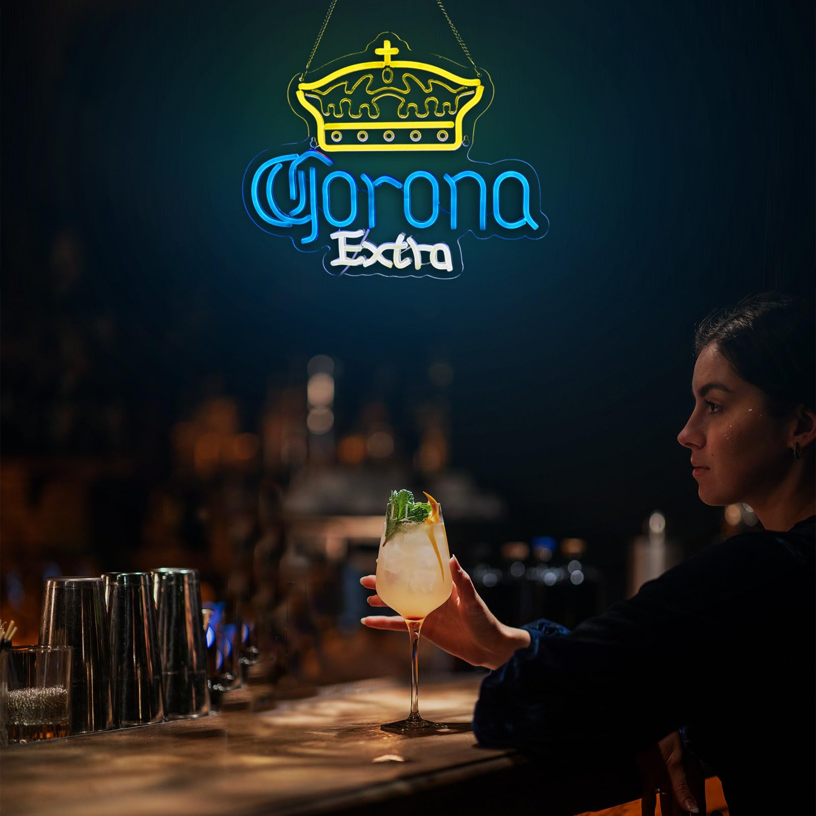 WanliNeon Neon Sign Light - Dimmable LED Crown malt-inspired Decor for Bar, Man Cave, 16.1inx12.6in, Yellow + Blue