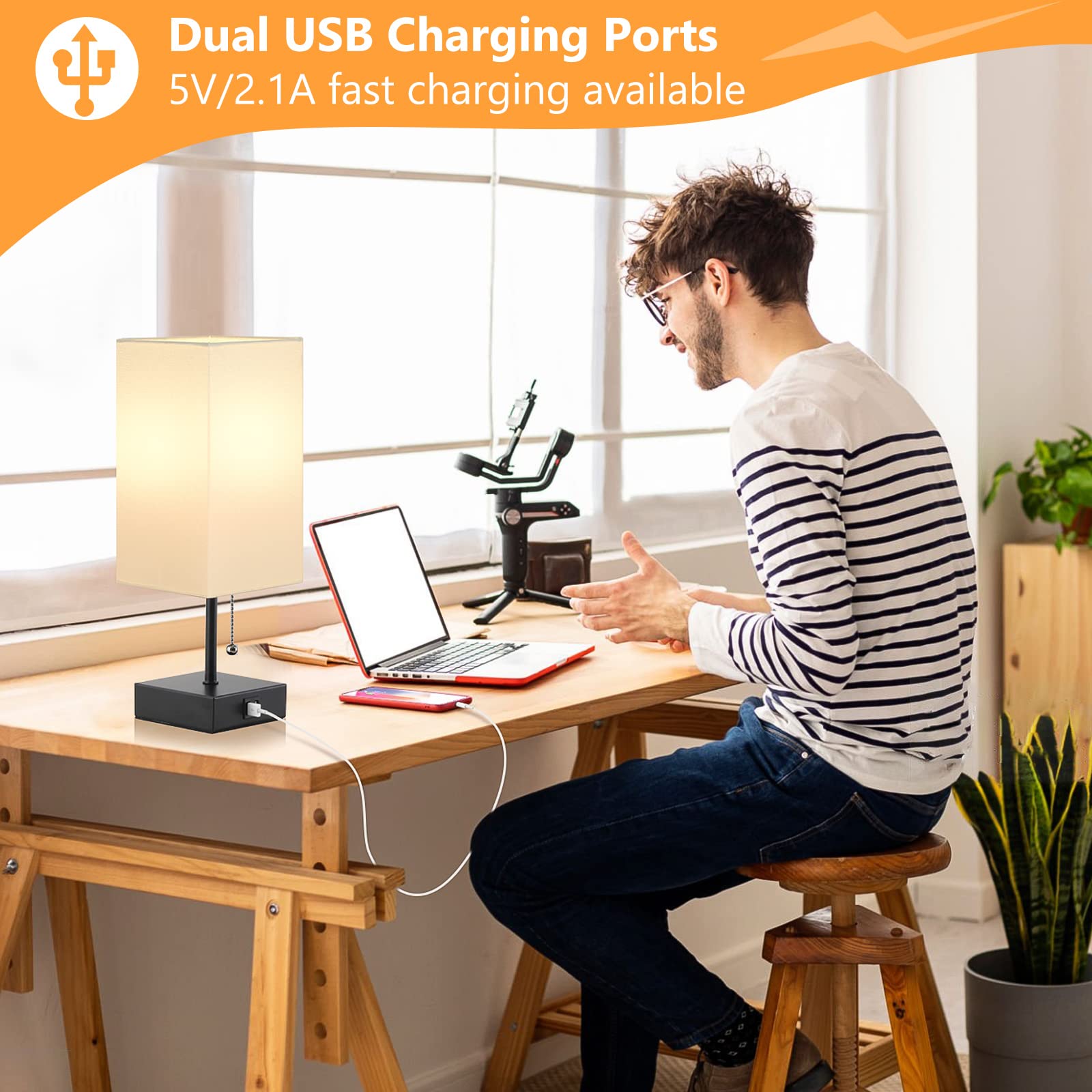 Ggoying Pull Chain Table Lamp, Bedside Lamps With 2 Usb Charging Ports, 2700K Led Bulb, White Linen Lampshade For Living Room, D