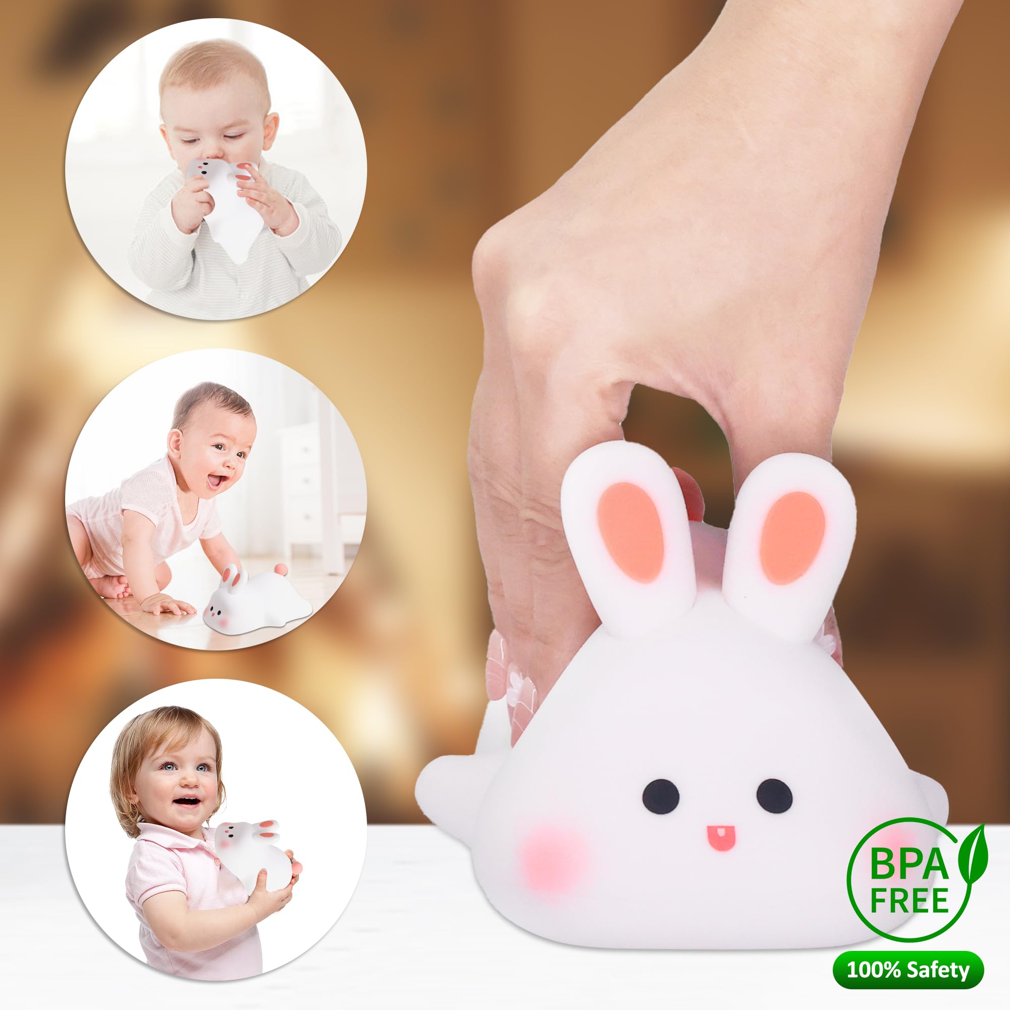 Attivolife Cute Bunny Nursery Light, Rabbit Squishy Silicone Touch Night Lamp Rechargeable, Kawaii Animal Toddler Room Decor Tab