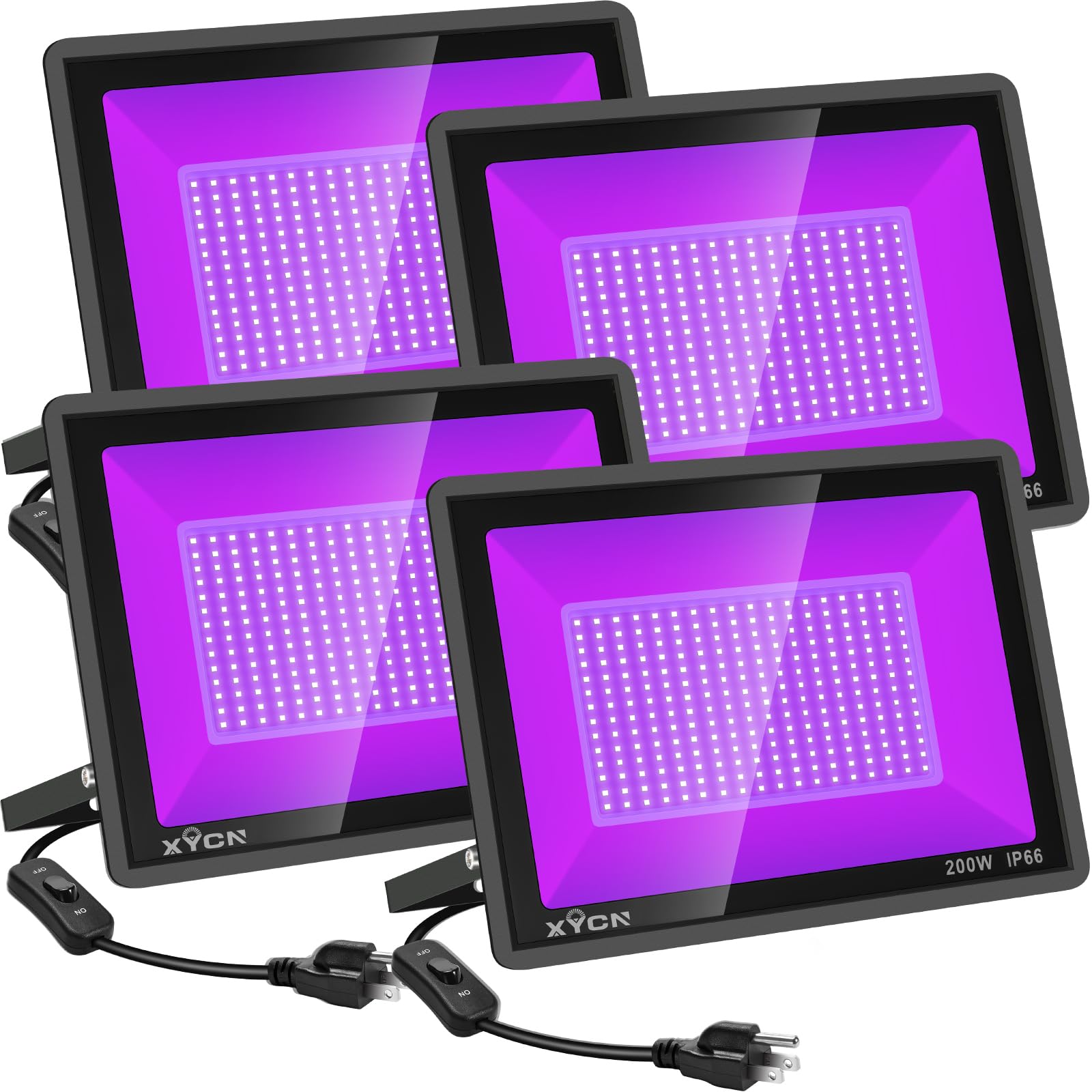 XYCN 4 Pack 200W LED Flood Black Lights 395nm to 405nm UV Outdoor Flood High Power Blacklight Light with Plug in  IP66 Waterproof Large Black Light Spotlight for Glow Party Large Space  Halloween