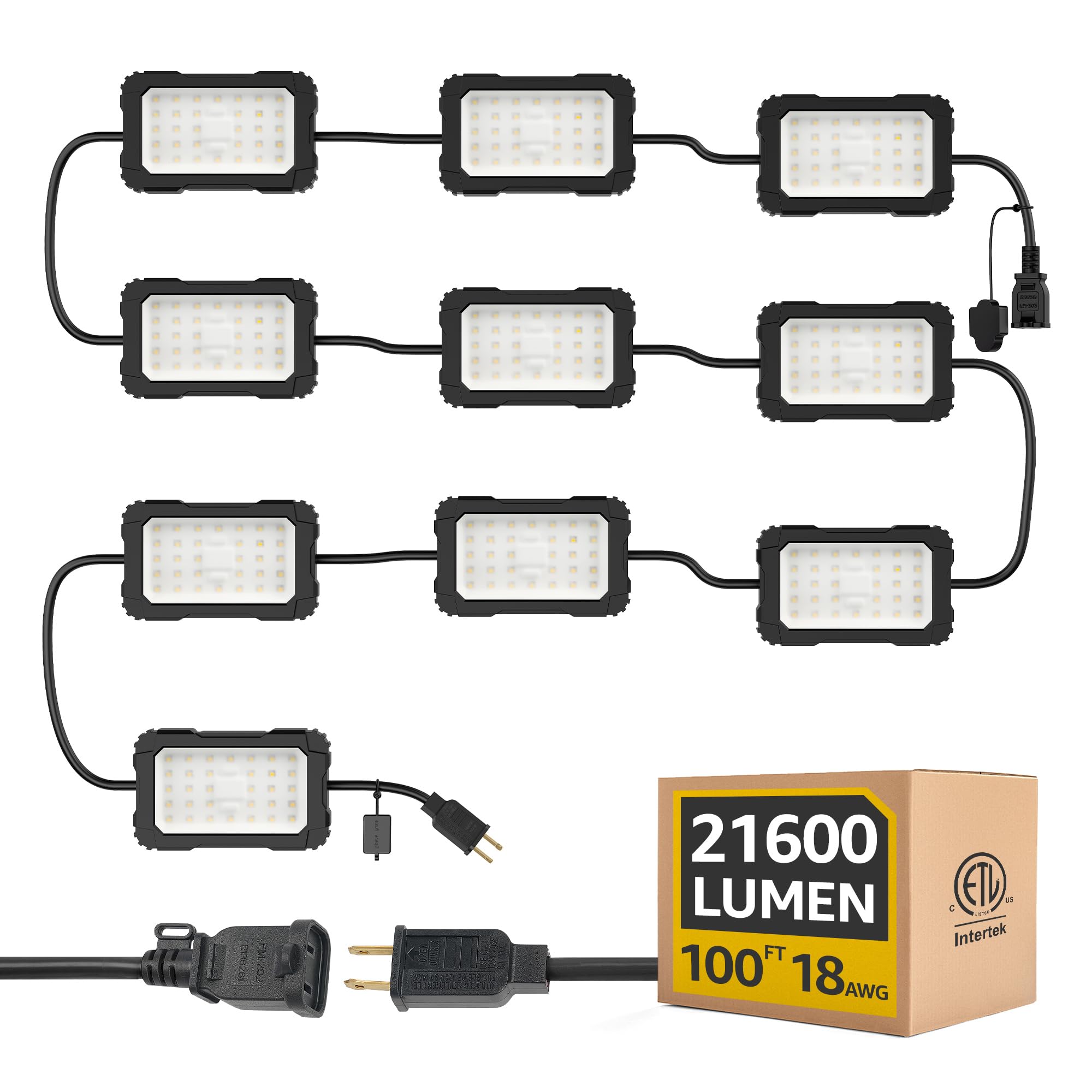 Omlite 180W Led String Lights:Etl Listed Bright Industrial Outdoor Temporary Lighting Hanging Ip65 Waterproof 18Awg Wire Work Construction Light For Attic Jobsite Garage