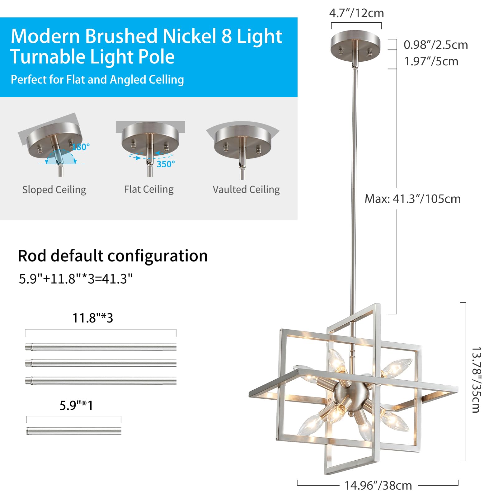 XINGQI 8-Light Modern Chandelier Brushed Nickel Geometric Pendant Lighting for Dining Room, Kitchen, Living Room, Bedroom