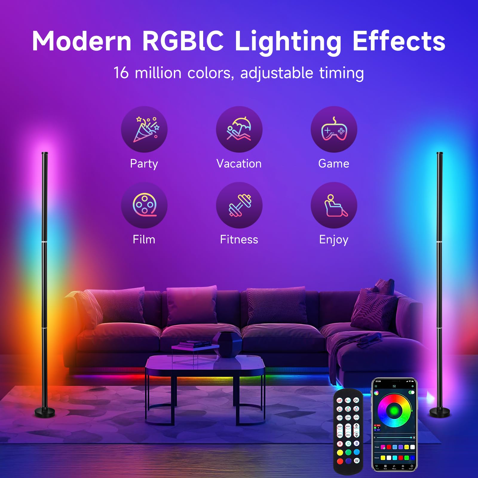 Smart RGB LED Corner Floor Lamp with App and Remote Control, Smart Floor Lamp Music Sync and 16 Million Colors,Timer Setting - I