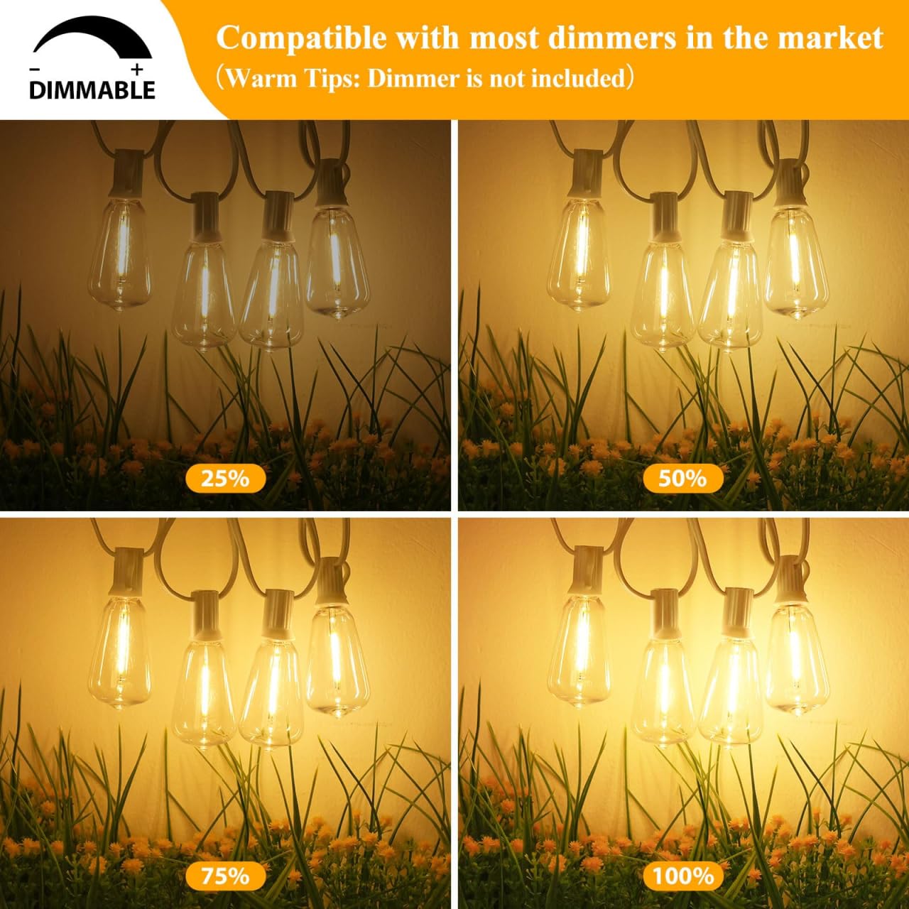 Brightever 50Ft Outdoor String Lights Weatherproof, Patio Lights With 25+2 St38 Edison Shatterproof Bulbs, Commercial Grade Warm