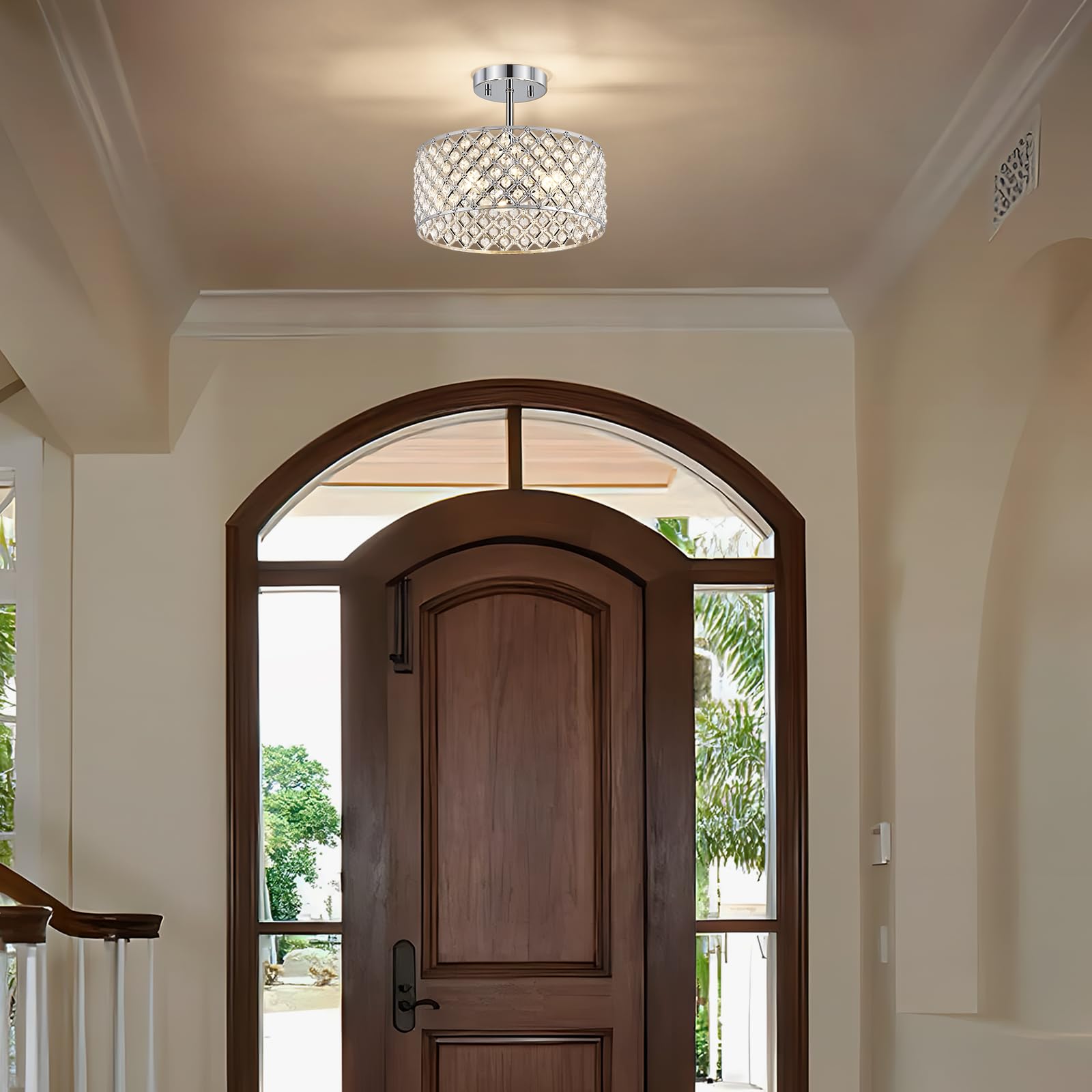 Bzvesr Chrome Crystal Ceiling Light Fixture Modern Semi Flush Mount Ceiling Lighting Fixture Round Small Chandelier For Dining Room  Hallway  Entryway  Kitchen  Bedroom Foyer 3 Light 12 Inch