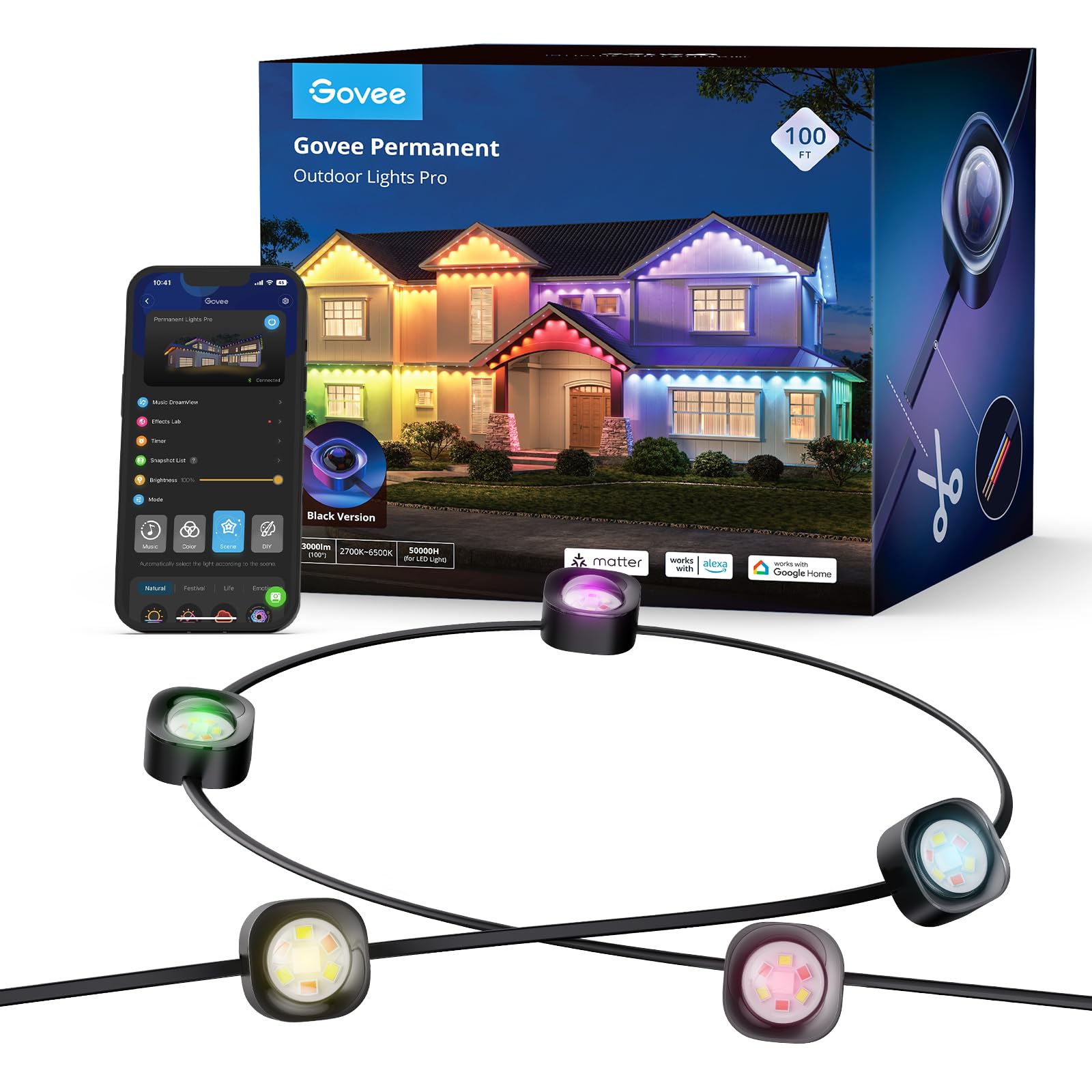 Govee Outdoor Lights Pro, 100ft RGBIC LED, 75 Scene Modes, IP67 Waterproof, Works with Alexa & Google Assistant, Black, Model H706A