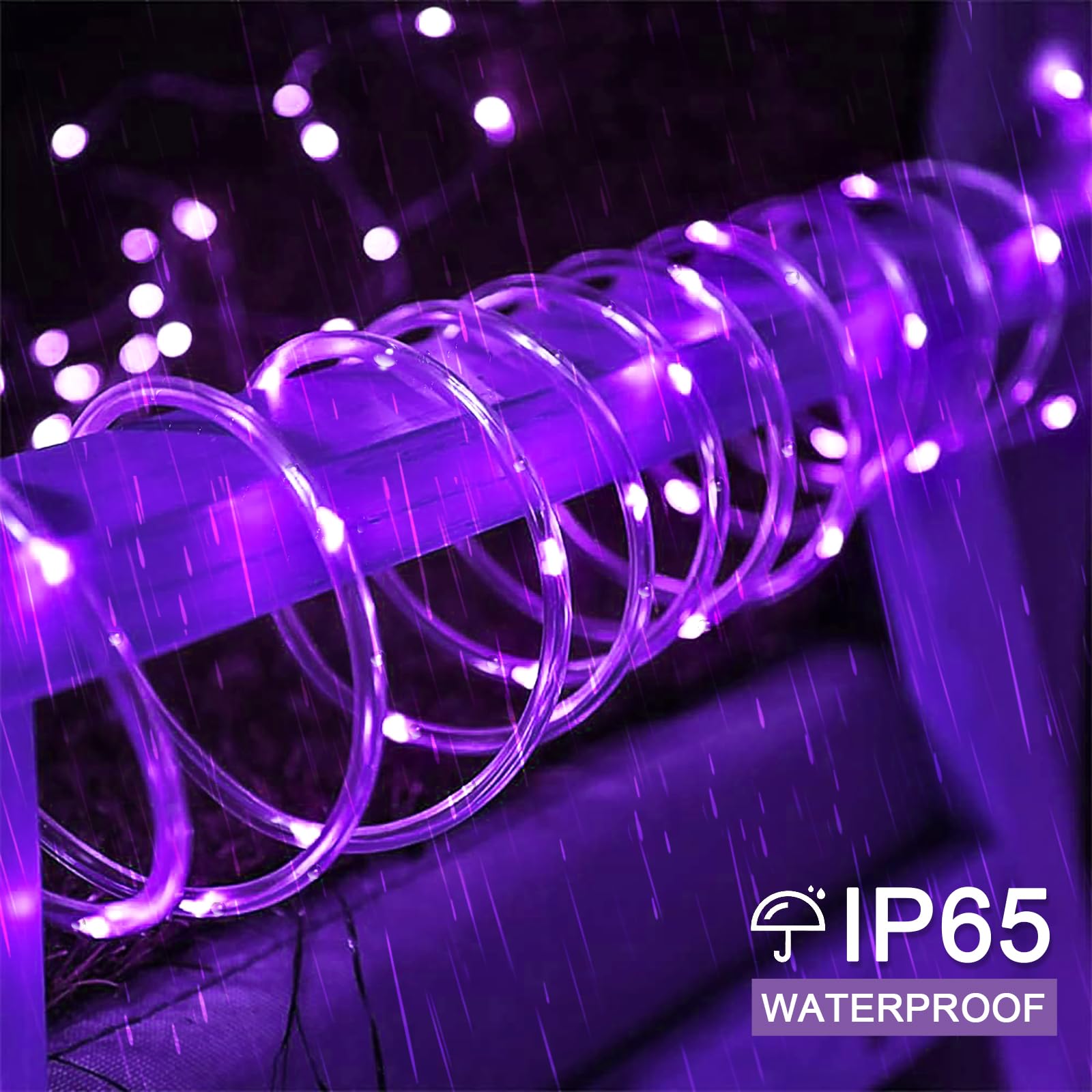 JMEXSUSS Solar Rope Lights 200 LED, 66 ft Waterproof Purple String Lights for Outdoor Party, PVC Tube