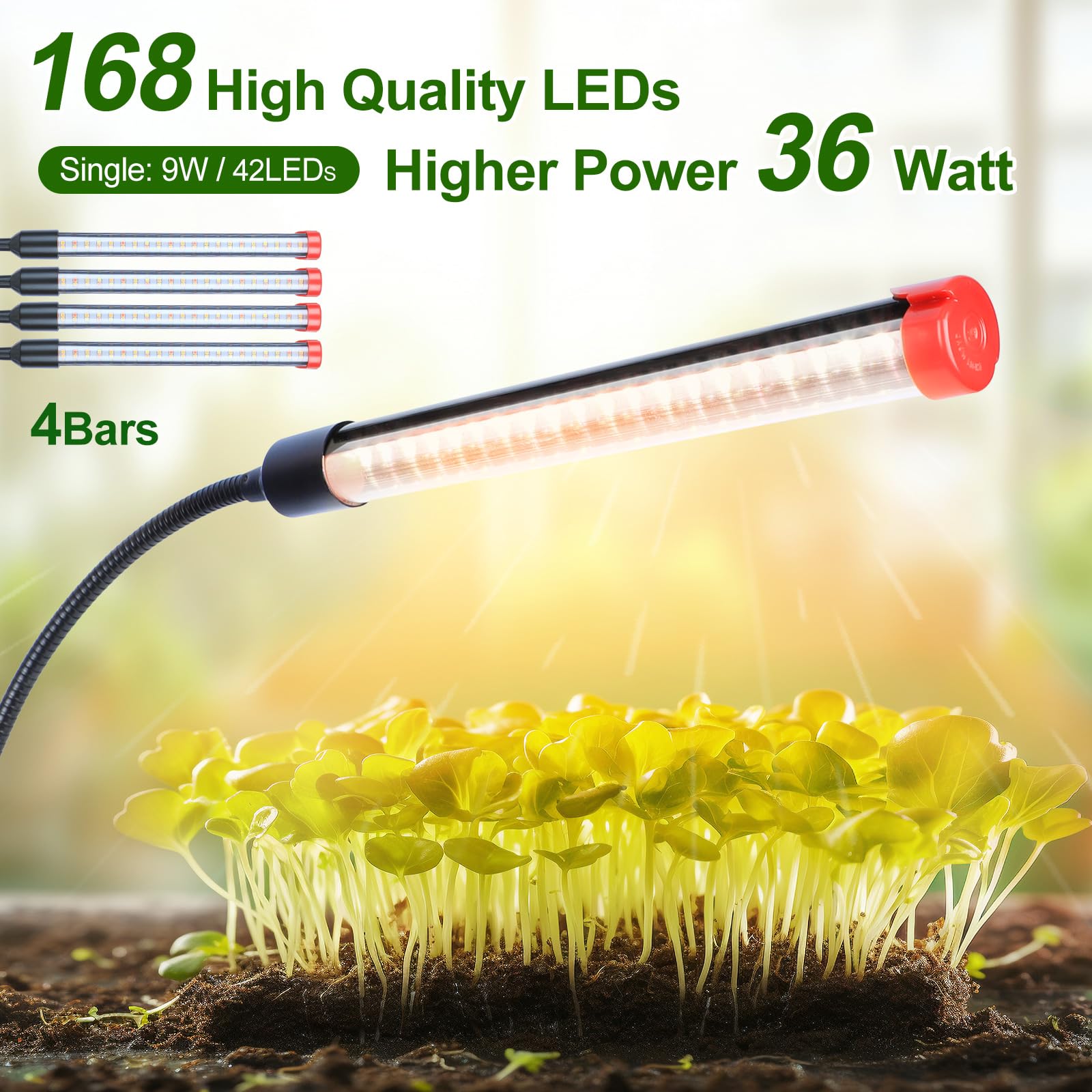 GroCruiser 4-Head Tripod Stand Grow Lights, 36W LED, Black, Aluminum, Model ZH_GL_RH, Ideal for Tall House Plants and Seed Starting