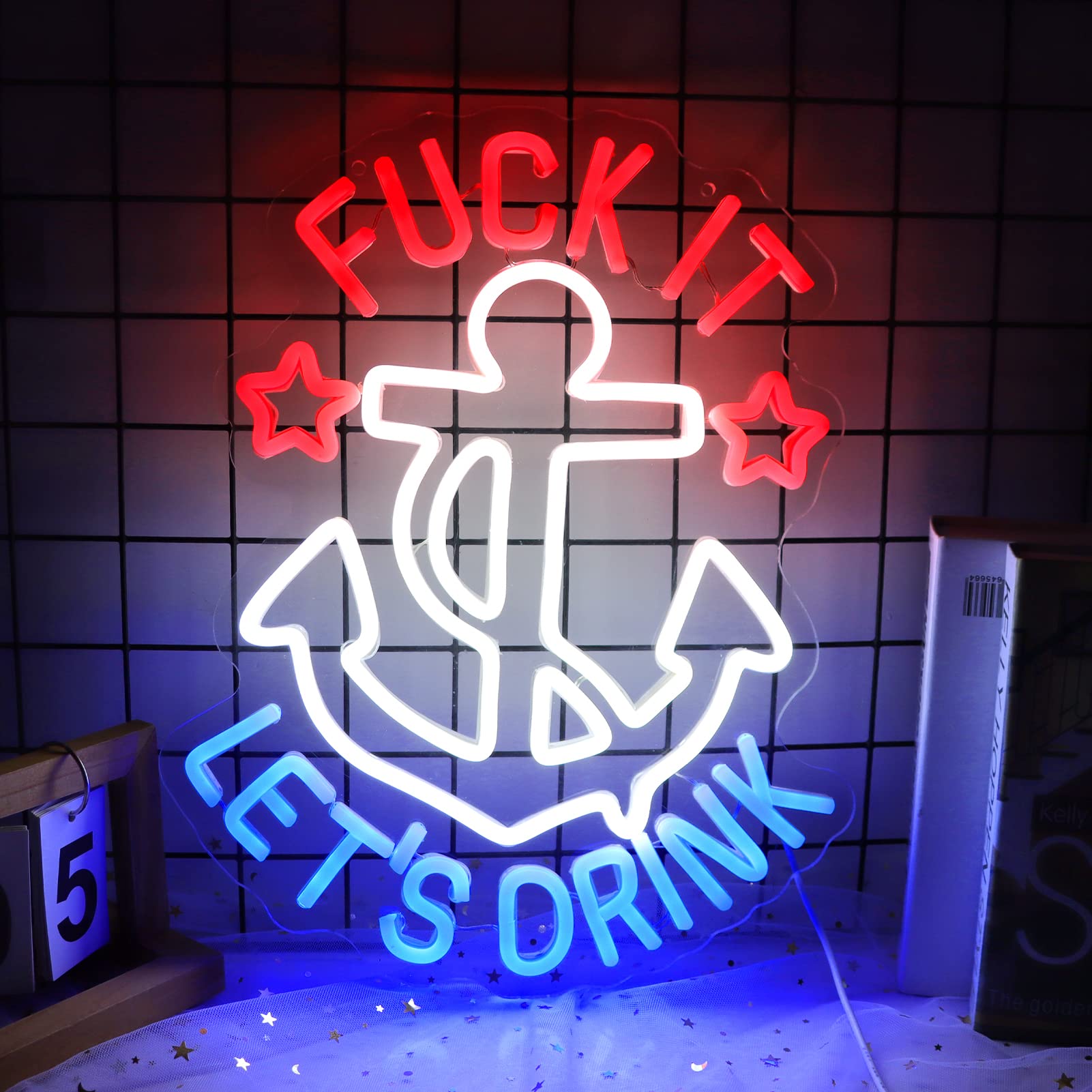 JFLLamp Neon Sign for Wall Decor, inLets Drinkin, 14.5x16 inches, Plastic, Red/White/Blue, Model NS-IT LETS DRINK