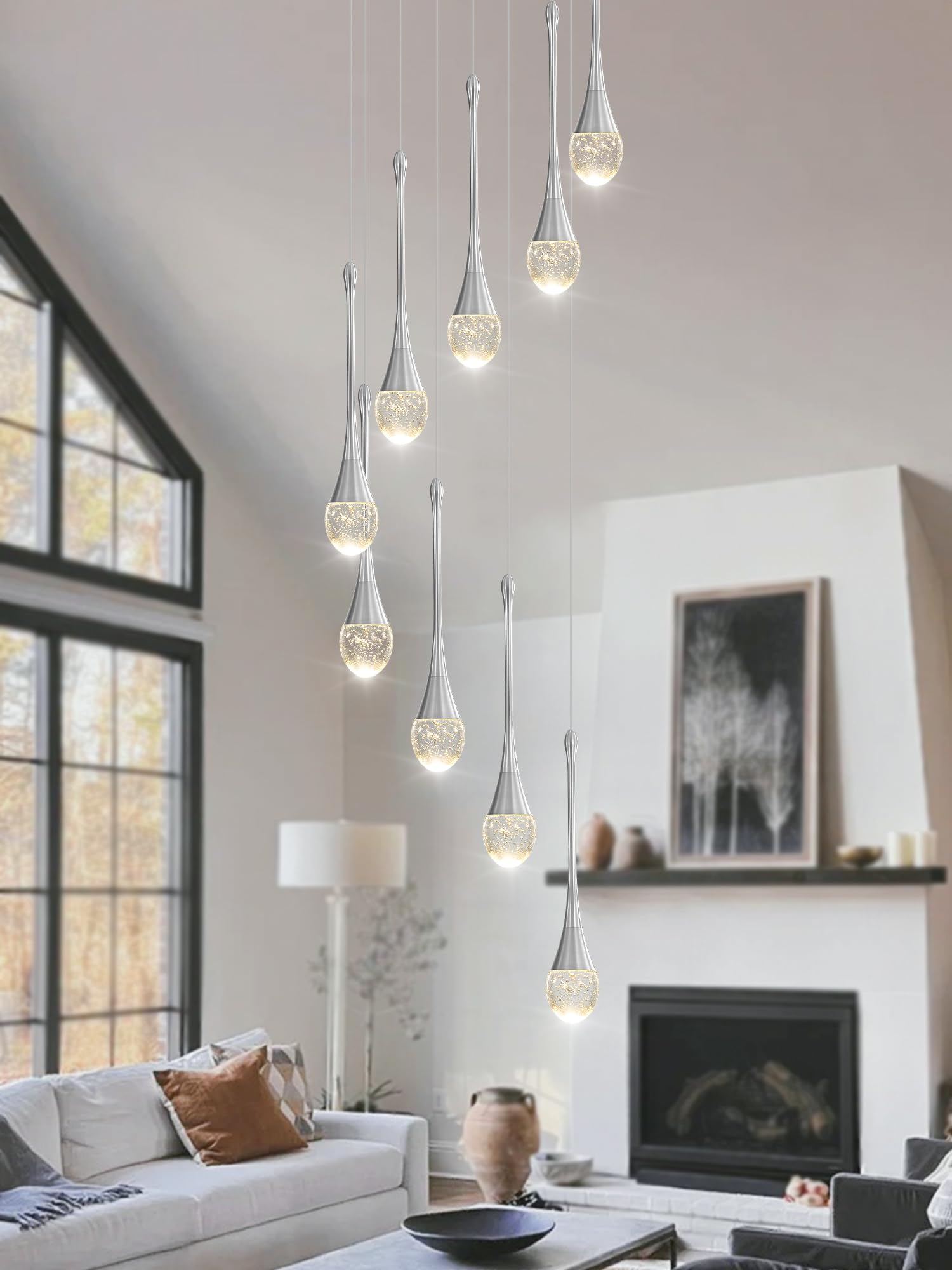 ykolupty Modern 9-Lights Silver Chandelier - Dimmable LED, High Ceiling Crystal Fixture