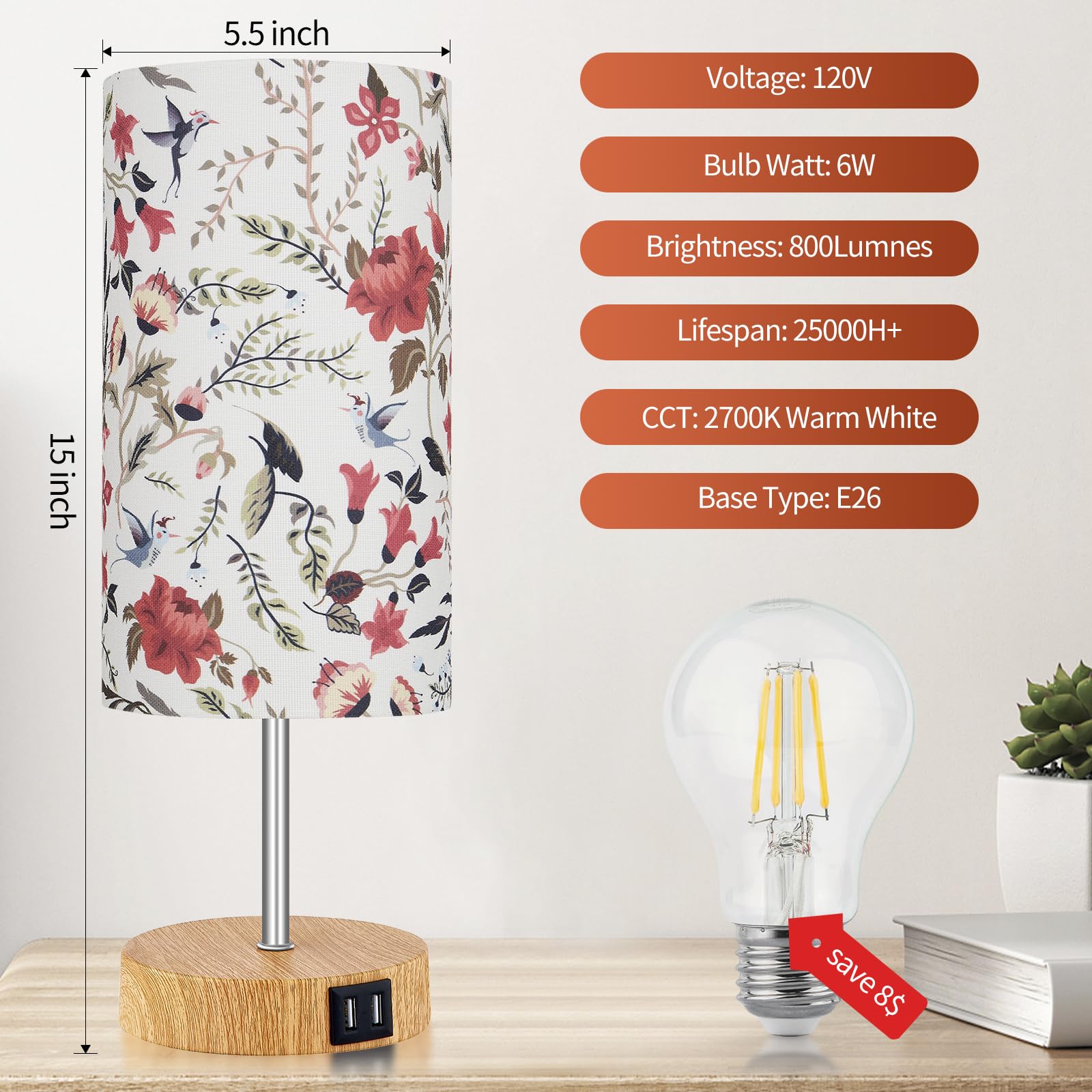 Bedside Touch Lamp, Wood Small Table Lamp With 2 Usb Charging Ports & Flower Fabric Shade, 3-Way Dimmable Nightstand Lamps For L