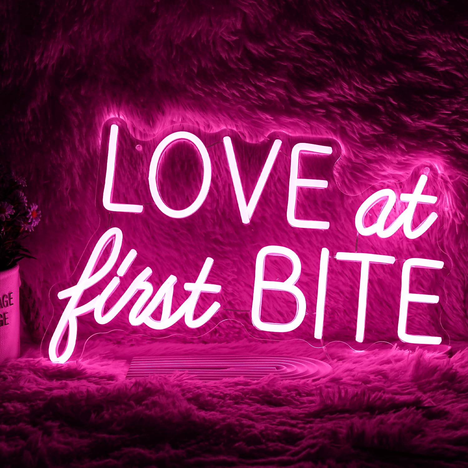 GNVETZLL Neon Sign LED Pink Love At First Bite Wall Art 15.7inx10.2in for Bedroom Bar Pub Party