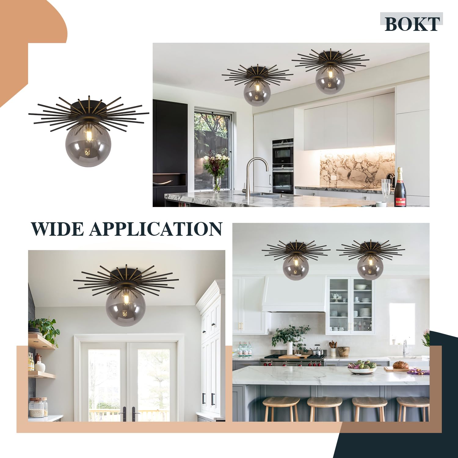 Bokt Globe Semi Flush Mount Ceiling Light Fixture Smoke Gray Glass Ceiling Light Vintage Hallway Light Fixture Black Close To Ce