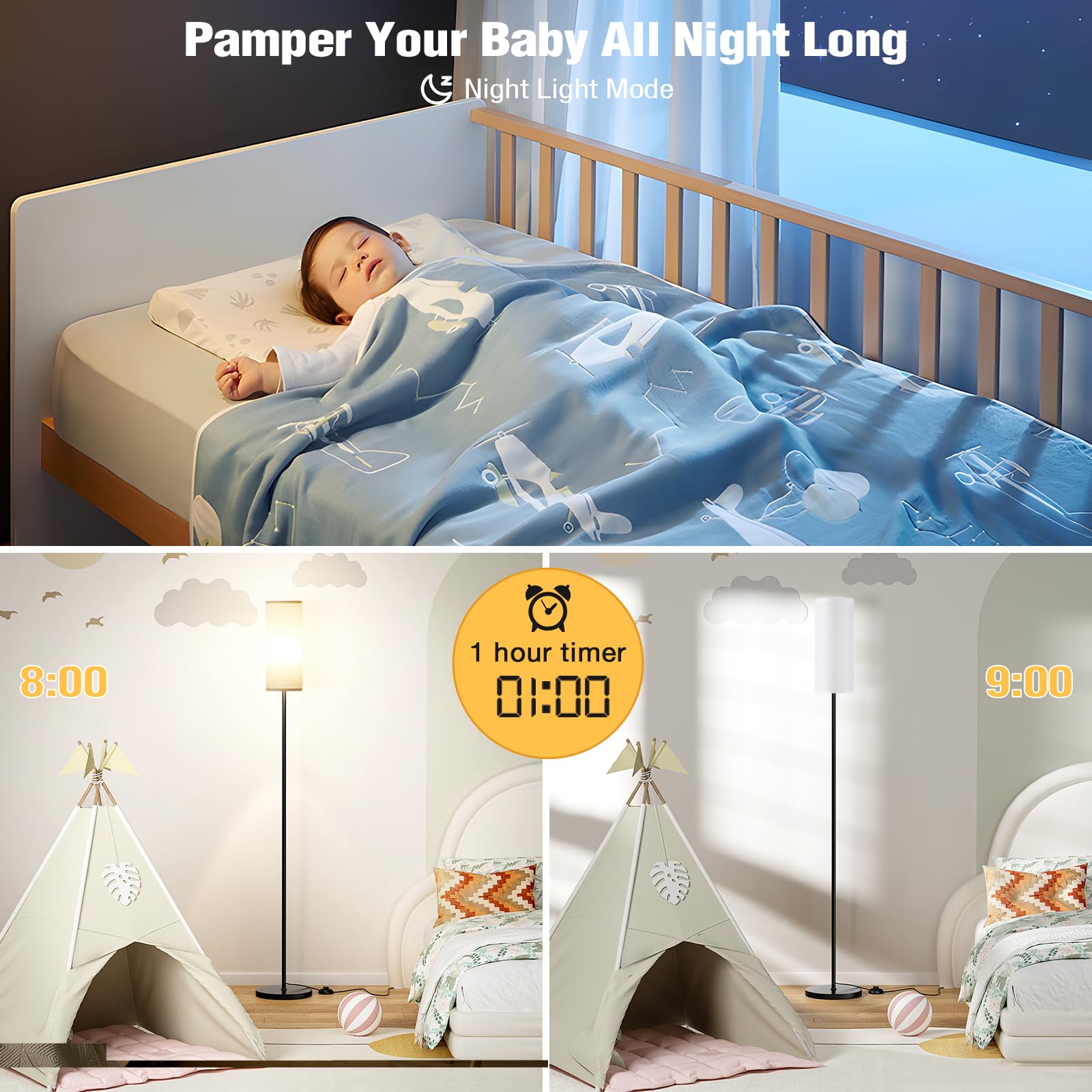 Ambimall 66'' Floor Lamps For Living Room With Remote Control And Stepless Dimmable Colors Temperature & Brightness, 9W Bulb Included(White Lampshade & Black Pole)