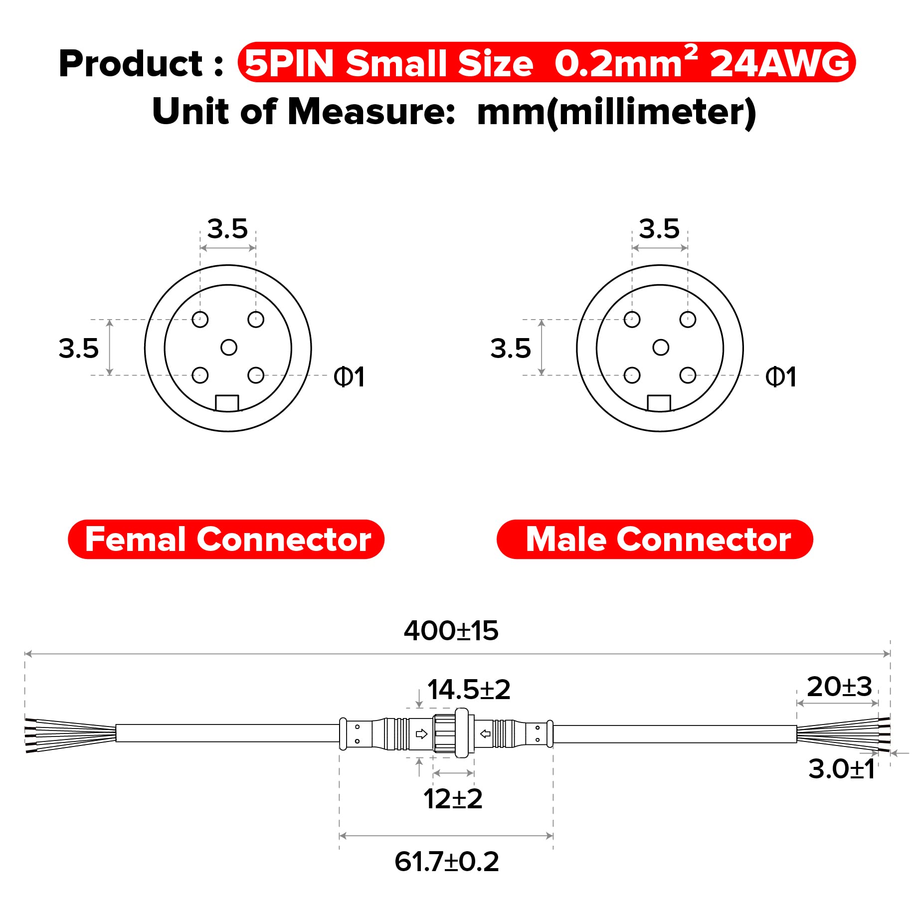 Hysmigor 5 Pin Electrical Connector 24Awg Ip65 Male Female Connector 7.87In/20Cm Extension Cable For Car,Truck,Boat,Indoor/Outdo