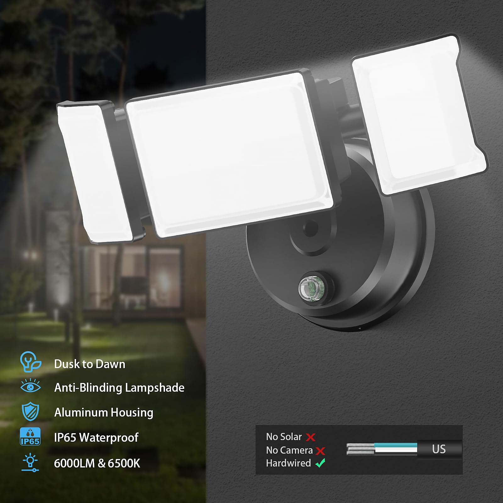 Olafus 60W LED Flood Light - IP65 Waterproof, Dusk to Dawn, 6000LM, Black, Model BDB50D-3 for Yard, Garden, Porch, Backyard