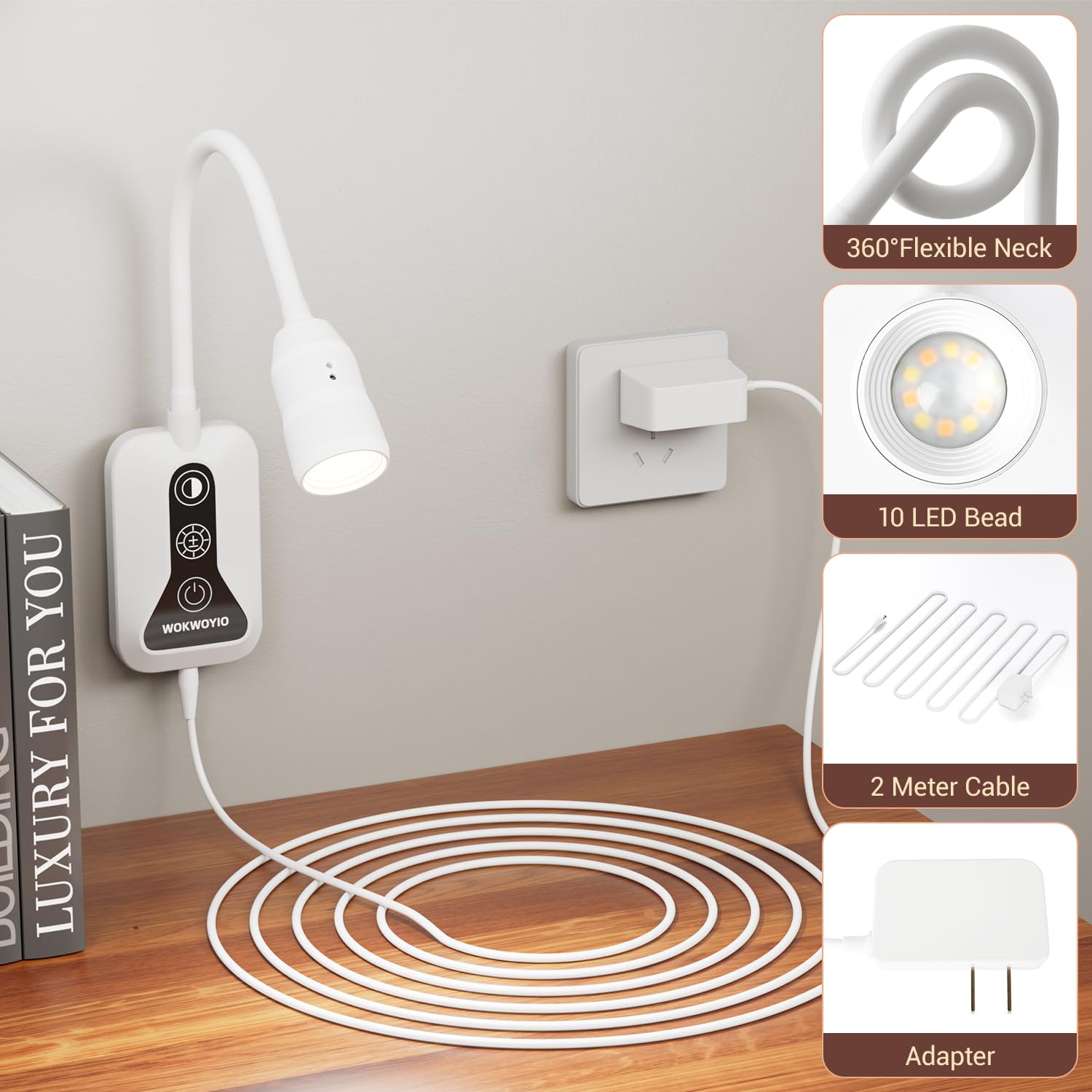 WOKWOYIO Wall Mounted Reading Light with Hand Sweep Sensor, USB Output, 5 Color Dimmable, 2 Pack, White, Model XCCX004-US-BK