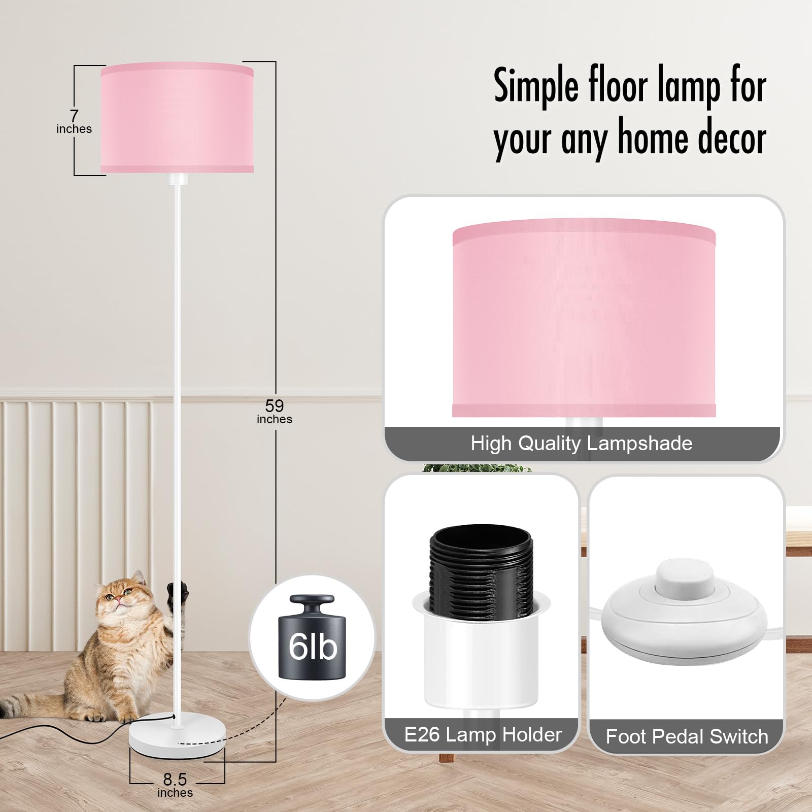 Floor Lamps  Standing Lamp  58  Tall Floor Lamp With Pink Lampshade  Foot Pedal Switch  Modern Bright Floor Lamps For Living Room/Bedroom/Classroom/Kids Room  Pink Light For Girls  Gift(No Bulb)