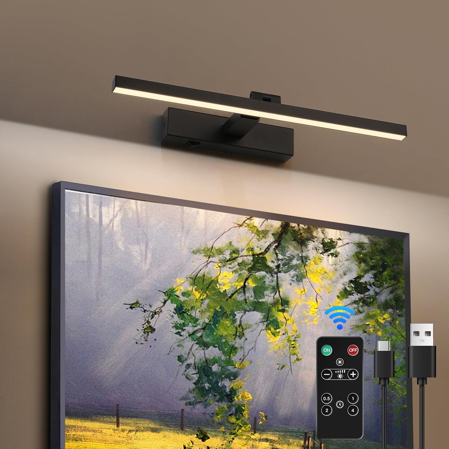 Black Picture Lights For Wall Dimmable Wireless Picture Lights For Paintings Dual-Rods Swing Arm Led Wall Light Fixtures Adjusta