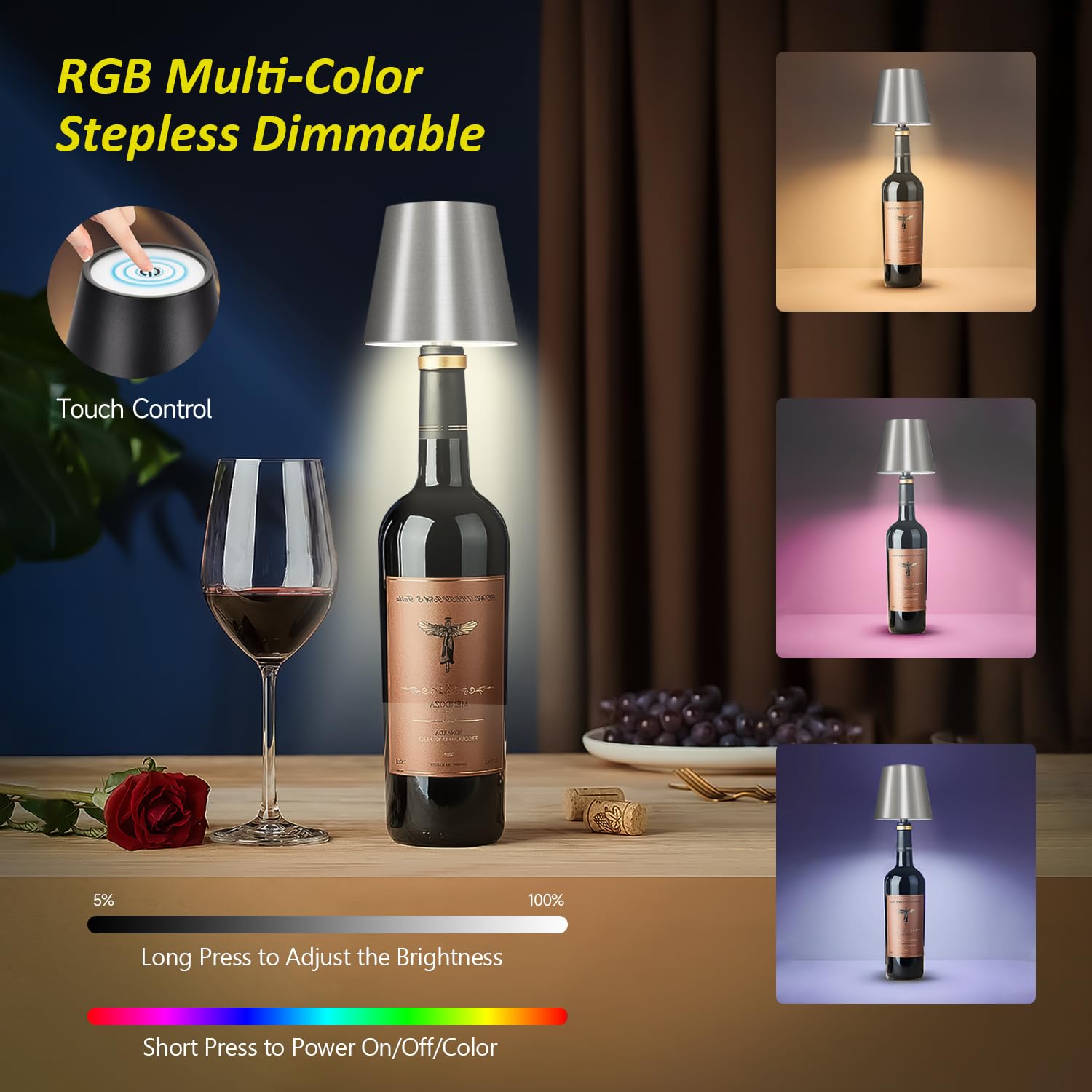 Hoide Wireless Bottle Lamp  Wine Bottle Lights With Touch Dimming  Rechargeable Rgb Table Lamps  Bottle Lamp Shade Waterproof Table Lamp For Bedroom  Bar  Restaurants And Outdoor Use