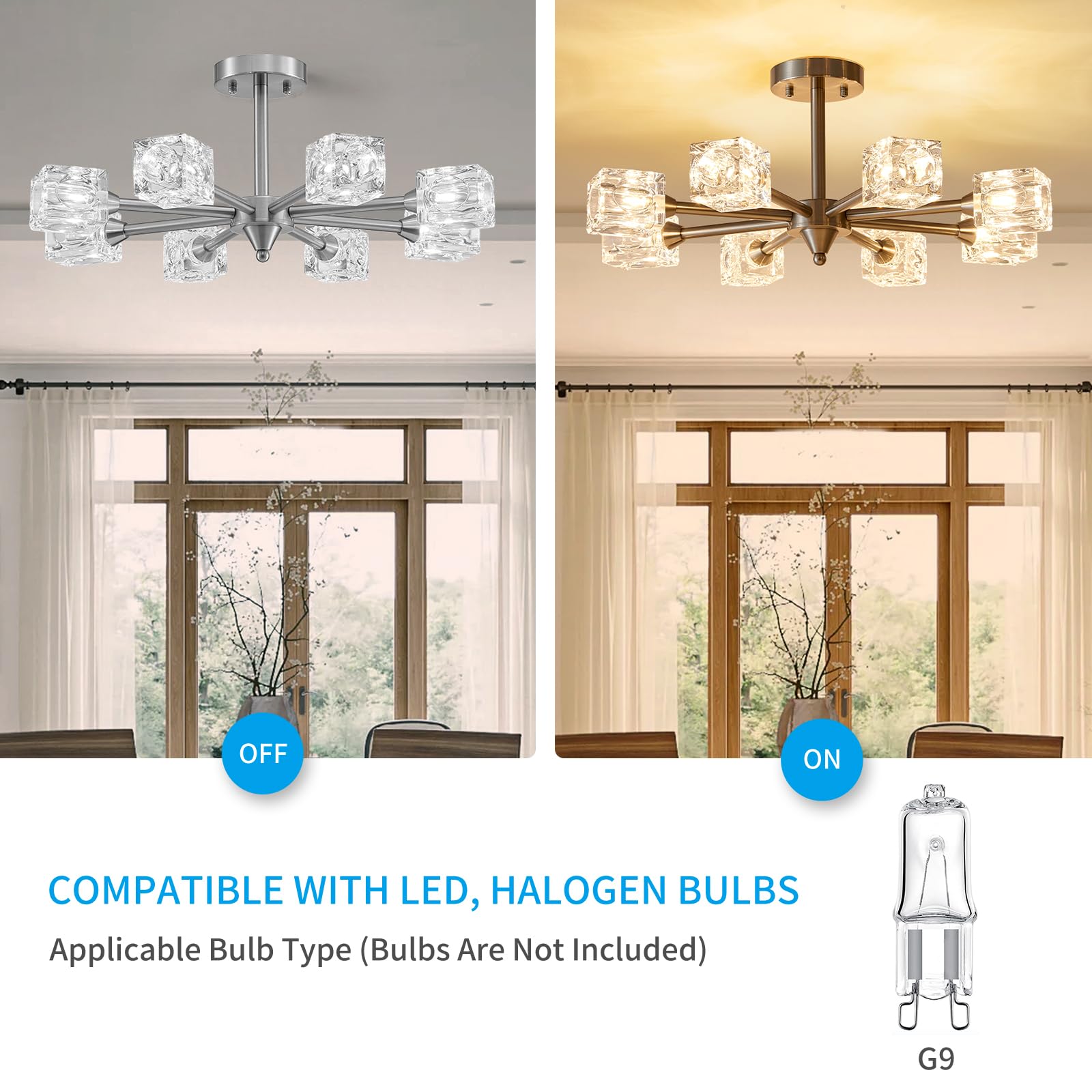 XINGQI 8-Light Sputnik Chandelier - Modern Brushed Nickel Ceiling Light for Dining Room, Living Room, Kitchen, Bedroom