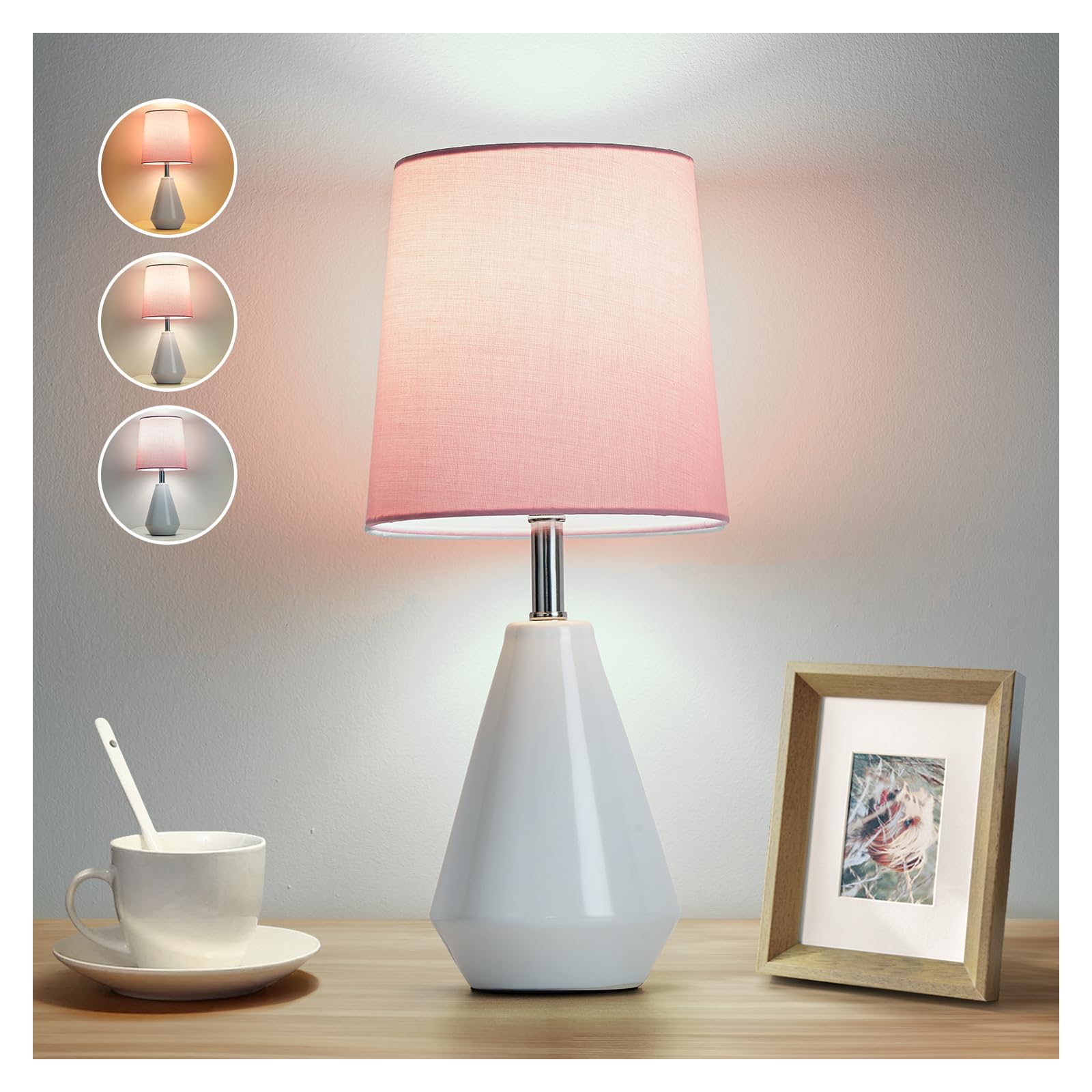 bdayanx Small Bedside Table Lamp for Bedroom - Reading Desk Lamp with 3 Color Temperatures 15.5 Nightstand Ceramic Lamp with Fabric Shade for Kids Room Living Room Dorm Home Office (White+Pink