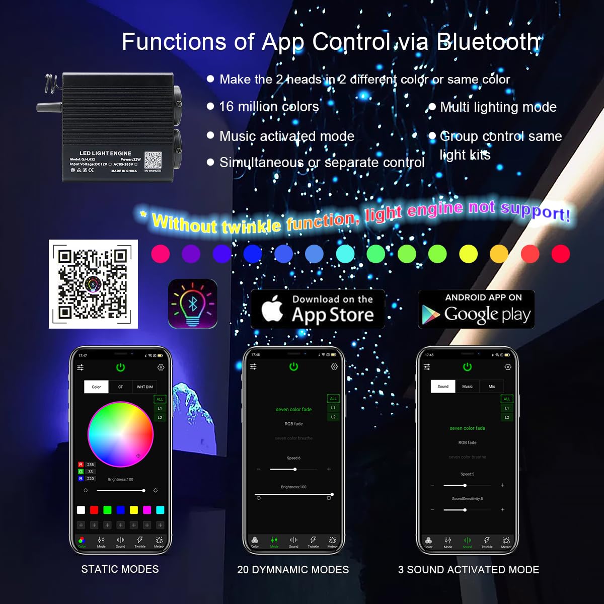 AKEPO Dual-Head Fiber Optic Light Engine, APP Control, Music Activated, 32W, Black, Model QJ-L032