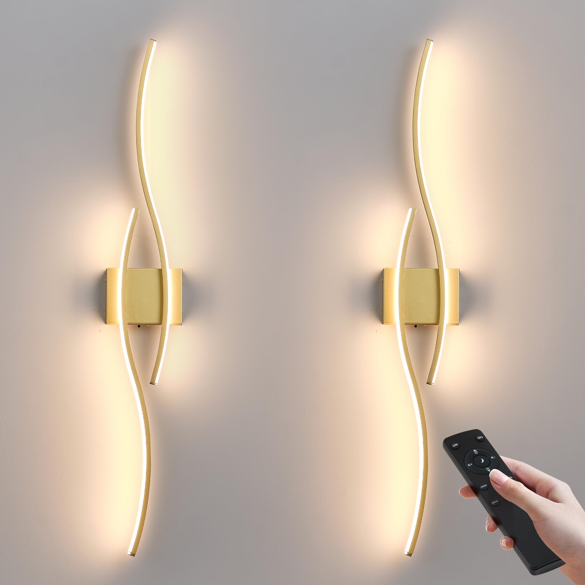 KARTOOSH Battery Operated Wall Sconces Set of Two, Dimmable, 3 Colors, 39.3 Inch, Gold, Model ZM324BGD100